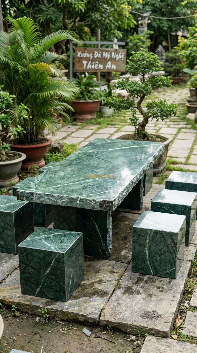 Bộ Bàn Ghế đá Bàn đá Xẻ Vách, Chất Liệu đá Xanh Ấn, Kiểu Dáng mặt Bàn Phẳng, Cạnh Bên Là Vết Cắt Xẻ Công Nghiệp Để Lộ Thớ đá , Tạo Cảm Giác Hiện Đại. Bàn: 200 x 80 x 75 Cm Đôn: Khối Hộp Chữ Nhật 40 x 40 Cm