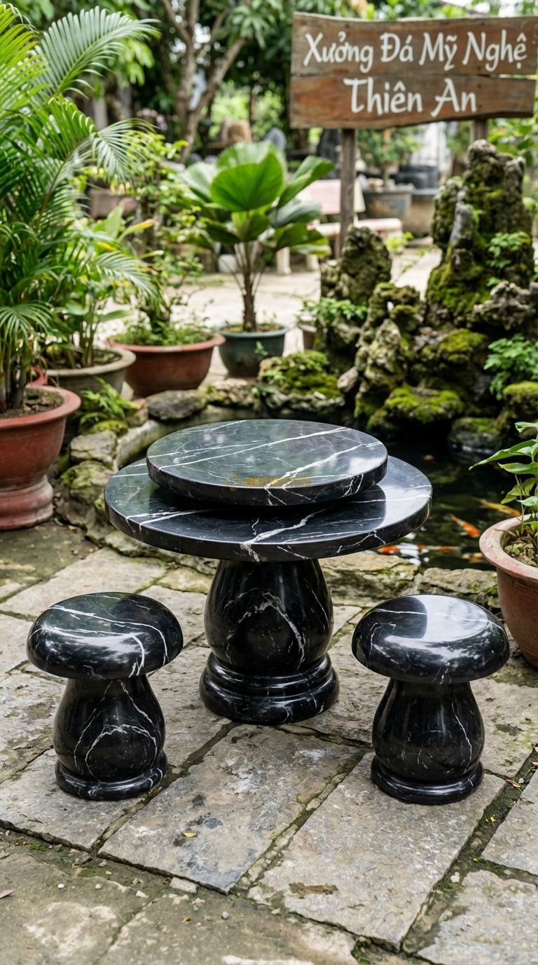 Bộ Bàn Ghế đá Bàn đá Xếp Tầng, Chất Liệu đá Đen Tia Chớp, Kiểu Dáng mặt Bàn Gồm 2 Thớt đá Tròn Lệch Tâm Xếp Chồng Nhau (Thấp – Cao), Rất Nghệ Thuật. Bàn: Đk 50Cm & 40Cm Đôn: Hình Nấm Nhỏ (2 Đôn)
