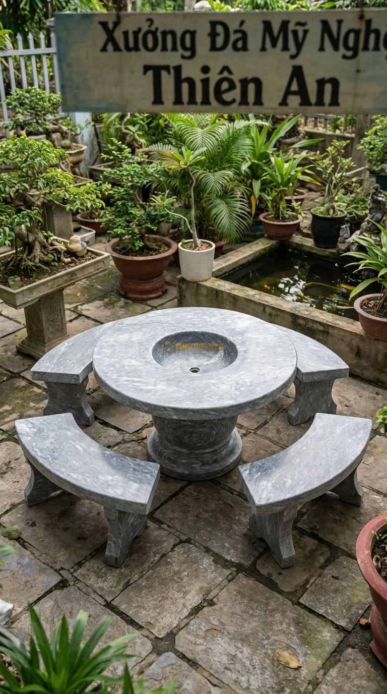 Bộ Bàn Ghế đá Bàn đá Xô đá (Ice Bucket), Chất Liệu đá Cẩm Thạch Xám, Kiểu Dáng giữa Bàn Có Hộc Sâu Để Chứa đá Lạnh Ướp Bia/Rượu, Có Lỗ Thoát Nước đá y. Bàn: Đk 110 Cm x Cao 70 Cm