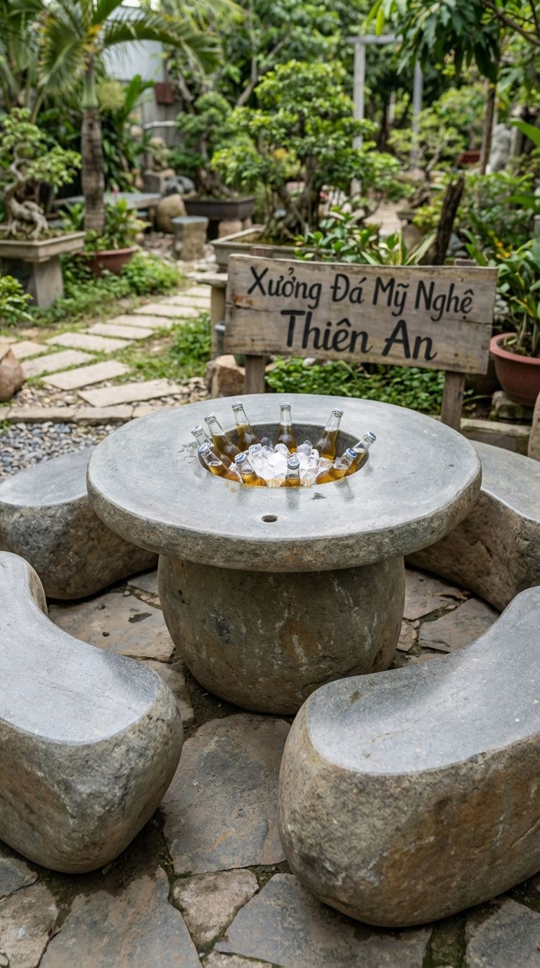 Bộ Bàn Ghế đá Bàn đá Xô đá (Ice Bucket), Chất Liệu đá Cuội, Kiểu Dáng giữa Bàn Có Hộc Sâu Để Chứa đá Lạnh Ướp Bia/Rượu, Có Lỗ Thoát Nước đá y. Bàn: Đk 110 Cm x Cao 70 Cm