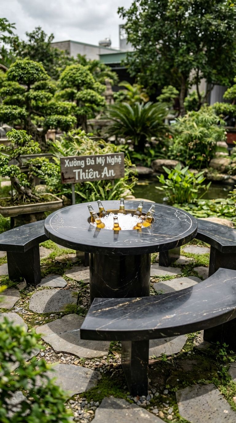 Bộ Bàn Ghế đá Bàn đá Xô đá (Ice Bucket), Chất Liệu đá Đen Chỉ Nâu, Kiểu Dáng giữa Bàn Có Hộc Sâu Để Chứa đá Lạnh Ướp Bia/Rượu, Có Lỗ Thoát Nước đá y. Bàn: Đk 110 Cm x Cao 70 Cm