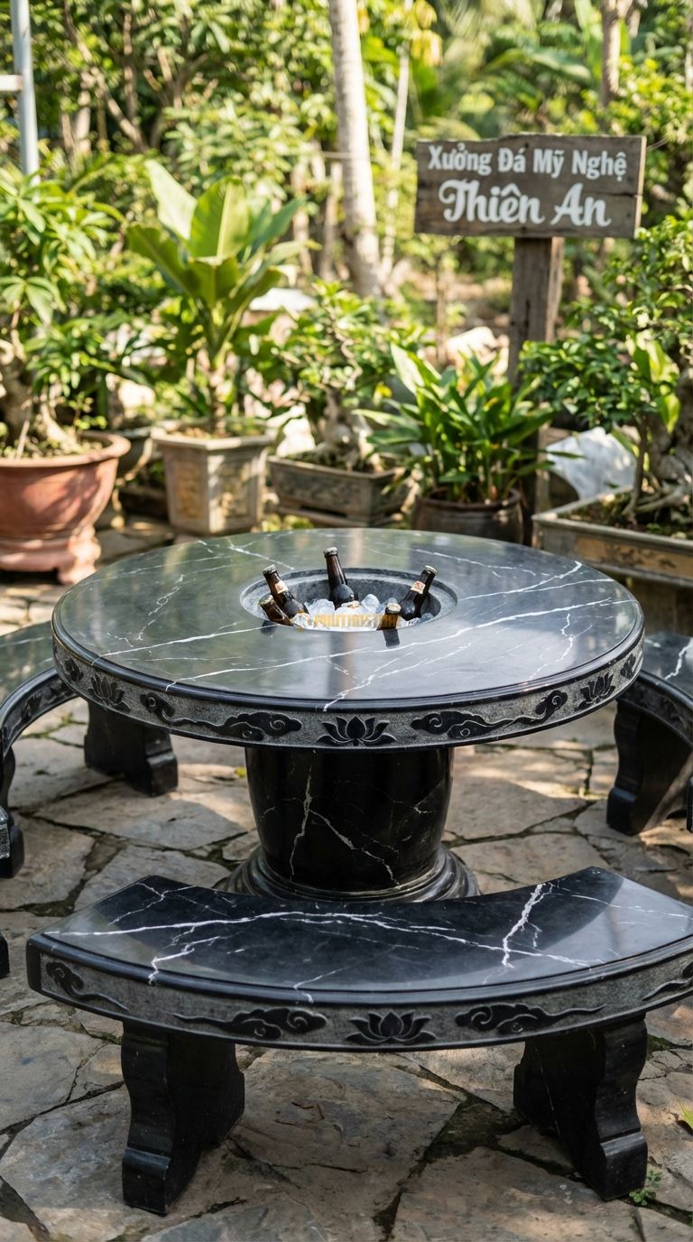 Bộ Bàn Ghế đá Bàn đá Xô đá (Ice Bucket), Chất Liệu đá Đen Tia Chớp, Kiểu Dáng giữa Bàn Có Hộc Sâu Để Chứa đá Lạnh Ướp Bia/Rượu, Có Lỗ Thoát Nước đá y. Bàn: Đk 110 Cm x Cao 70 Cm