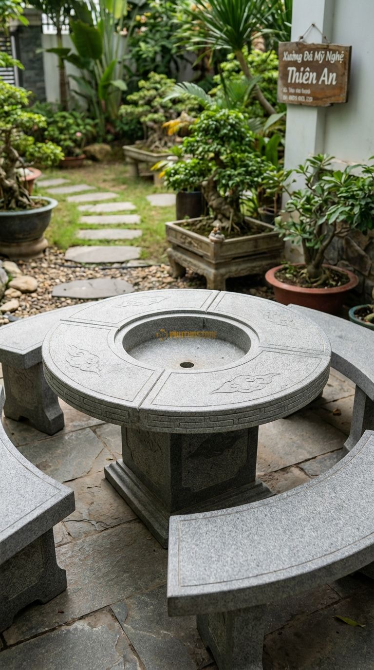 Bộ Bàn Ghế đá Bàn đá Xô đá (Ice Bucket), Chất Liệu đá Granite, Kiểu Dáng giữa Bàn Có Hộc Sâu Để Chứa đá Lạnh Ướp Bia/Rượu, Có Lỗ Thoát Nước đá y. Bàn: Đk 110 Cm x Cao 70 Cm