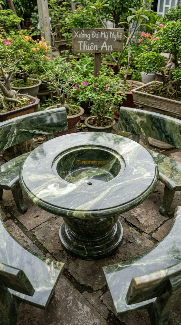 Bộ Bàn Ghế đá Bàn đá Xô đá (Ice Bucket), Chất Liệu đá Serpentine, Kiểu Dáng giữa Bàn Có Hộc Sâu Để Chứa đá Lạnh Ướp Bia/Rượu, Có Lỗ Thoát Nước đá y. Bàn: Đk 110 Cm x Cao 70 Cm