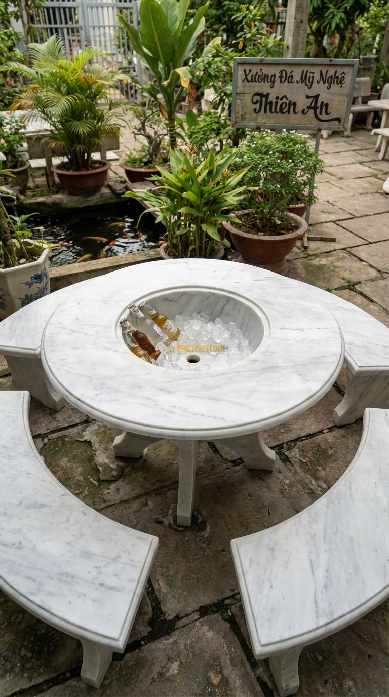 Bộ Bàn Ghế đá Bàn đá Xô đá (Ice Bucket), Chất Liệu đá Trắng Yên Bái, Kiểu Dáng giữa Bàn Có Hộc Sâu Để Chứa đá Lạnh Ướp Bia/Rượu, Có Lỗ Thoát Nước đá y. Bàn: Đk 110 Cm x Cao 70 Cm