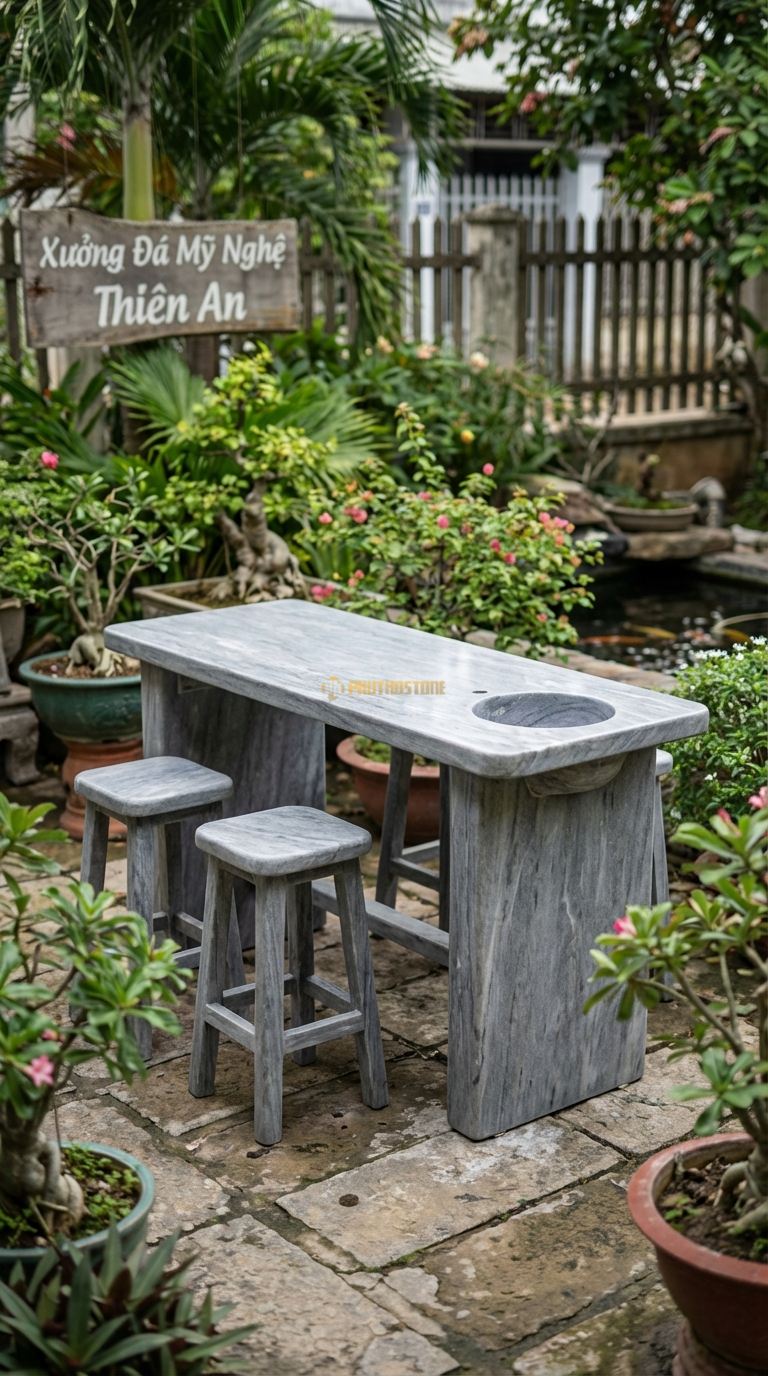 Bộ Bàn Ghế đá Bàn Đảo (Bar Ngoài Trời), Chất Liệu đá Cẩm Thạch Xám, Kiểu Dáng bàn Cao (Dáng Bar), Tích Hợp Bồn Rửa Nhỏ Hoặc Hộc Nướng, Dùng Đứng Hoặc Ghế Cao. Bàn: 200 x 80 x 105 Cm