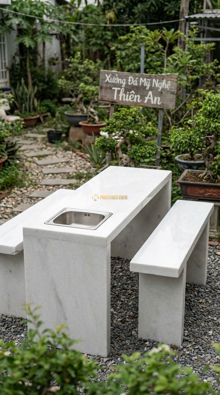 Bộ Bàn Ghế đá Bàn Đảo (Bar Ngoài Trời), Chất Liệu đá Trắng Muối, Kiểu Dáng bàn Cao (Dáng Bar), Tích Hợp Bồn Rửa Nhỏ Hoặc Hộc Nướng, Dùng Đứng Hoặc Ghế Cao. Bàn: 200 x 80 x 105 Cm