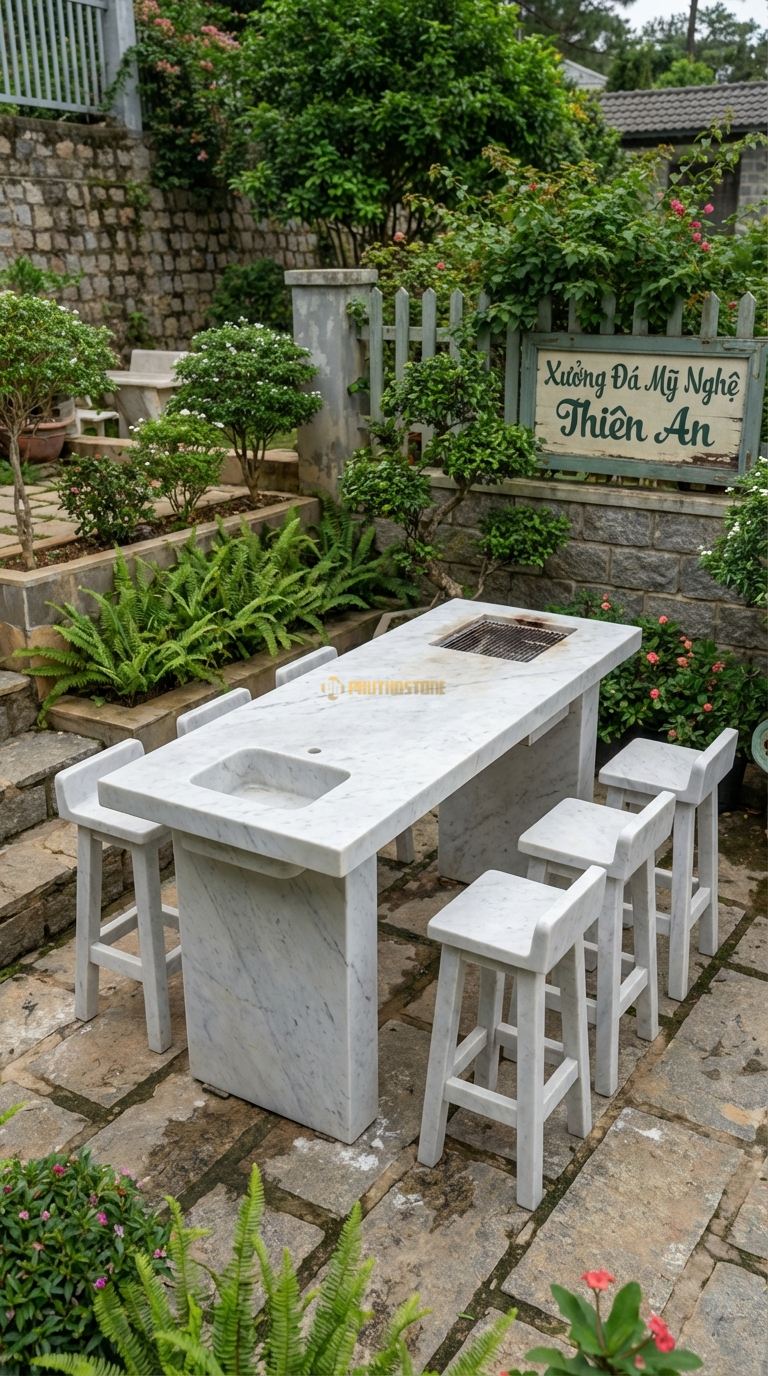 Bộ Bàn Ghế đá Bàn Đảo (Bar Ngoài Trời), Chất Liệu đá Trắng Yên Bái, Kiểu Dáng bàn Cao (Dáng Bar), Tích Hợp Bồn Rửa Nhỏ Hoặc Hộc Nướng, Dùng Đứng Hoặc Ghế Cao. Bàn: 200 x 80 x 105 Cm