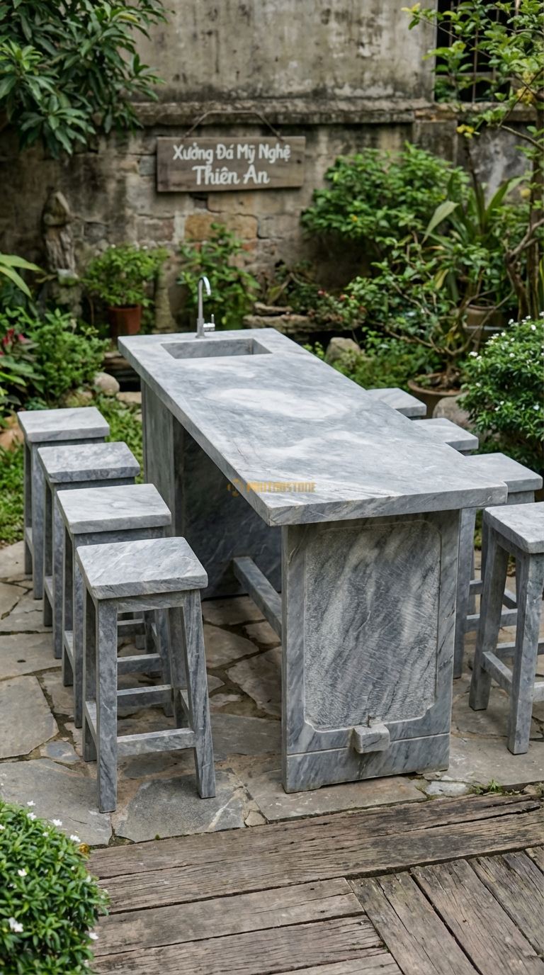Bộ Bàn Ghế đá Bàn Đảo (Bar Ngoài Trời), Chất Liệu đá Xám Vân Mây, Kiểu Dáng bàn Cao (Dáng Bar), Tích Hợp Bồn Rửa Nhỏ Hoặc Hộc Nướng, Dùng Đứng Hoặc Ghế Cao. Bàn: 200 x 80 x 105 Cm