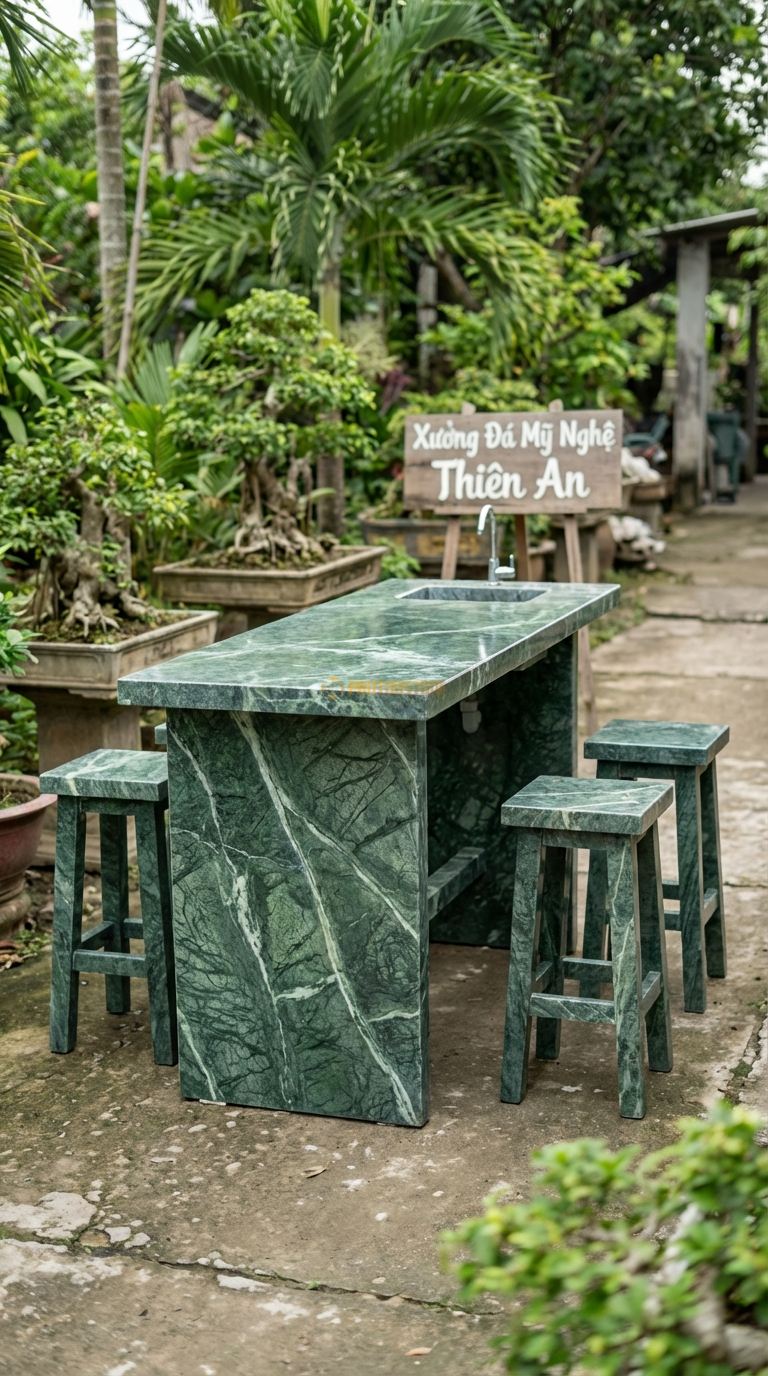 Bộ Bàn Ghế đá Bàn Đảo (Bar Ngoài Trời), Chất Liệu đá Xanh Ấn, Kiểu Dáng bàn Cao (Dáng Bar), Tích Hợp Bồn Rửa Nhỏ Hoặc Hộc Nướng, Dùng Đứng Hoặc Ghế Cao. Bàn: 200 x 80 x 105 Cm