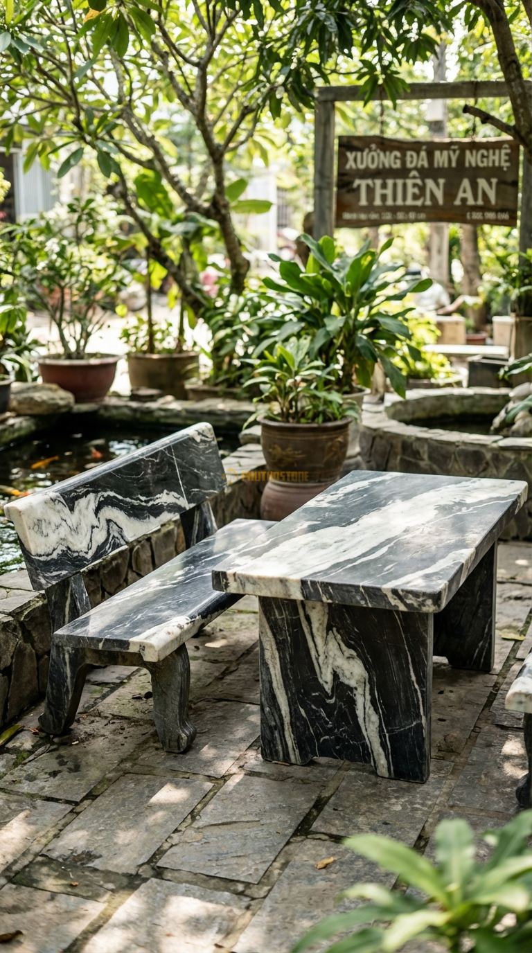 Bộ Bàn Ghế đá Bàn Ghế đá Liền Tựa, Chất Liệu đá Tuyết Sơn, Kiểu Dáng ghế đá Dài Có Tựa Lưng (Ghế Công Viên), Mặt Bàn Chữ Nhật Dài. Bàn: 120 x 60 x 60 Cm Ghế: Dài 120 x Rộng 40 x Cao 40 Cm