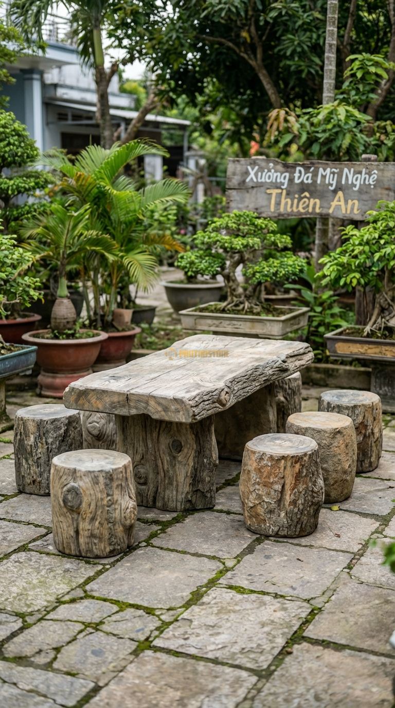 Bộ Bàn Ghế đá Bàn Ghế Giả Gỗ, Chất Liệu đá Cuội, Kiểu Dáng chạm Khắc Vân Gỗ, Mắt Gỗ, Vỏ Cây Sần Sùi Y Như Gỗ Thật Trên Nền đá. Bàn: 130 x 70 x 60 Cm Đôn: Dáng Khúc Gỗ Tròn (6 Đôn)