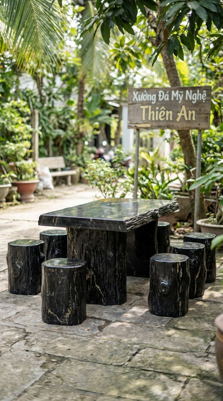 Bộ Bàn Ghế đá Bàn Ghế Giả Gỗ, Chất Liệu đá Đen Chỉ Nâu, Kiểu Dáng chạm Khắc Vân Gỗ, Mắt Gỗ, Vỏ Cây Sần Sùi Y Như Gỗ Thật Trên Nền đá. Bàn: 130 x 70 x 60 Cm Đôn: Dáng Khúc Gỗ Tròn (6 Đôn)