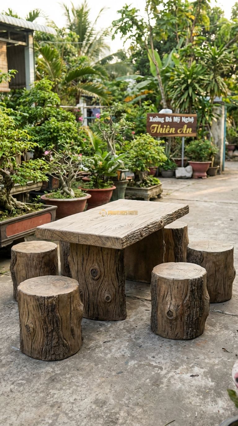 Bộ Bàn Ghế đá Bàn Ghế Giả Gỗ, Chất Liệu đá Granite, Kiểu Dáng chạm Khắc Vân Gỗ, Mắt Gỗ, Vỏ Cây Sần Sùi Y Như Gỗ Thật Trên Nền đá. Bàn: 130 x 70 x 60 Cm Đôn: Dáng Khúc Gỗ Tròn (6 Đôn)