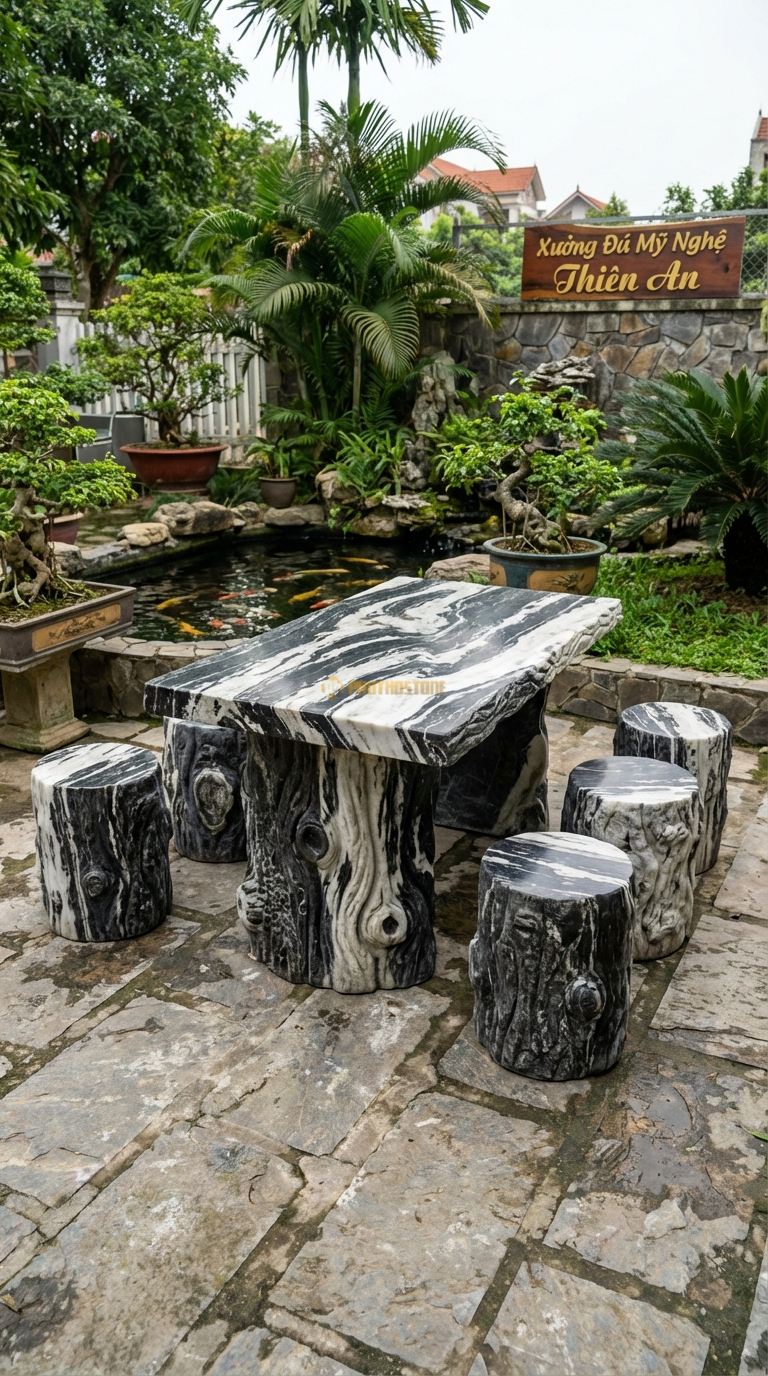 Bộ Bàn Ghế đá Bàn Ghế Giả Gỗ, Chất Liệu đá Tuyết Sơn, Kiểu Dáng chạm Khắc Vân Gỗ, Mắt Gỗ, Vỏ Cây Sần Sùi Y Như Gỗ Thật Trên Nền đá. Bàn: 130 x 70 x 60 Cm Đôn: Dáng Khúc Gỗ Tròn (6 Đôn)