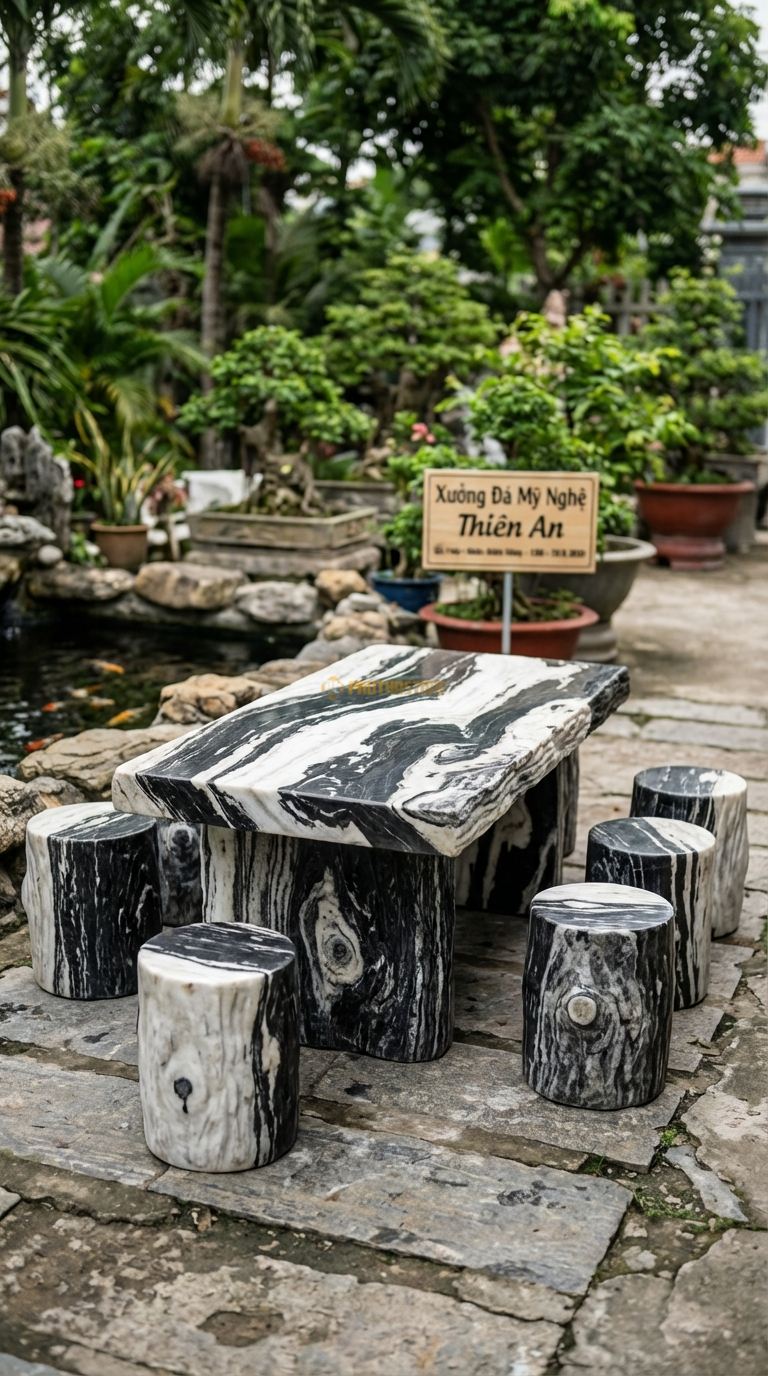 Bộ Bàn Ghế đá Bàn Ghế Giả Gỗ, Chất Liệu đá Tuyết Sơn, Kiểu Dáng chạm Khắc Vân Gỗ, Mắt Gỗ, Vỏ Cây Sần Sùi Y Như Gỗ Thật Trên Nền đá. Bàn: 130 x 70 x 60 Cm Đôn: Dáng Khúc Gỗ Tròn (6 Đôn)
