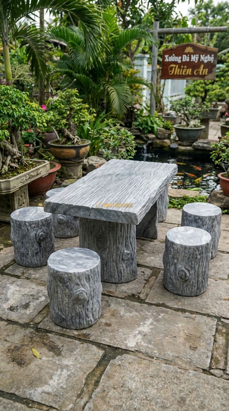 Bộ Bàn Ghế đá Bàn Ghế Giả Gỗ, Chất Liệu đá Xám Vân Mây, Kiểu Dáng chạm Khắc Vân Gỗ, Mắt Gỗ, Vỏ Cây Sần Sùi Y Như Gỗ Thật Trên Nền đá. Bàn: 130 x 70 x 60 Cm Đôn: Dáng Khúc Gỗ Tròn (6 Đôn)