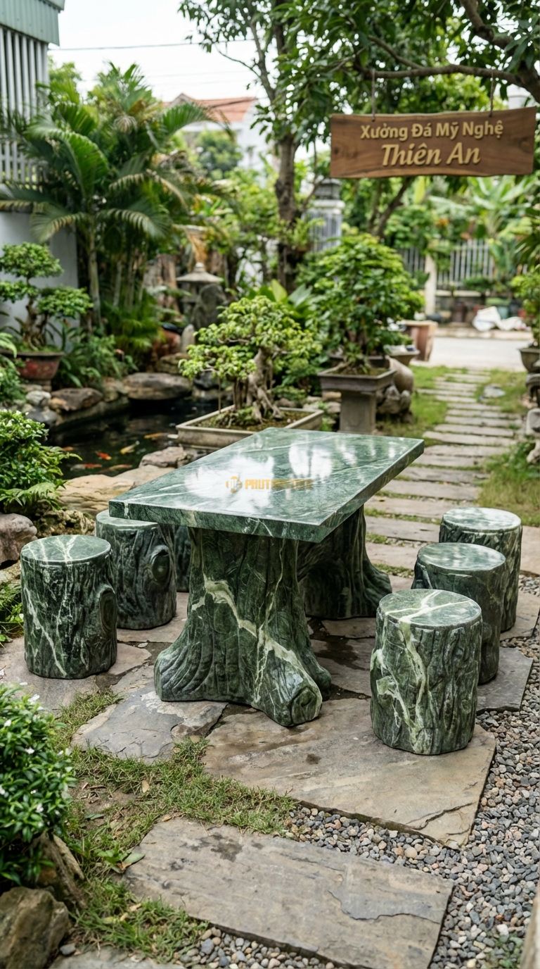 Bộ Bàn Ghế đá Bàn Ghế Giả Gỗ, Chất Liệu đá Xanh Ấn, Kiểu Dáng chạm Khắc Vân Gỗ, Mắt Gỗ, Vỏ Cây Sần Sùi Y Như Gỗ Thật Trên Nền đá. Bàn: 130 x 70 x 60 Cm Đôn: Dáng Khúc Gỗ Tròn (6 Đôn)