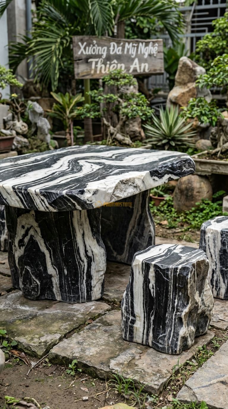 Bộ Bàn Ghế đá Bàn Ghế Gốc Cây Hóa Thạch, Chất Liệu đá Tuyết Sơn, Kiểu Dáng (Mô Phỏng) Dáng đá Sần Sùi, Nhiều Hốc Hác, Hang Hốc Nhỏ Tự Nhiên Trên Thân Bàn. Bàn: 140 x 100 x 65 Cm Đôn: Dáng Gốc Cây Nhỏ 35 x 40 Cm