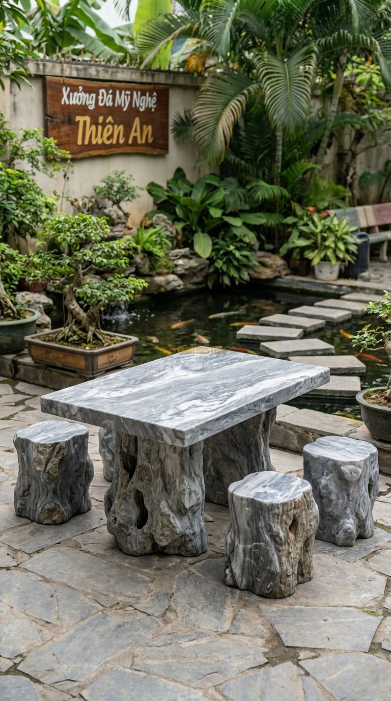 Bộ Bàn Ghế đá Bàn Ghế Gốc Cây Hóa Thạch, Chất Liệu đá Xám Vân Mây, Kiểu Dáng (Mô Phỏng) Dáng đá Sần Sùi, Nhiều Hốc Hác, Hang Hốc Nhỏ Tự Nhiên Trên Thân Bàn. Bàn: 140 x 100 x 65 Cm Đôn: Dáng Gốc Cây Nhỏ 35 x 40 Cm
