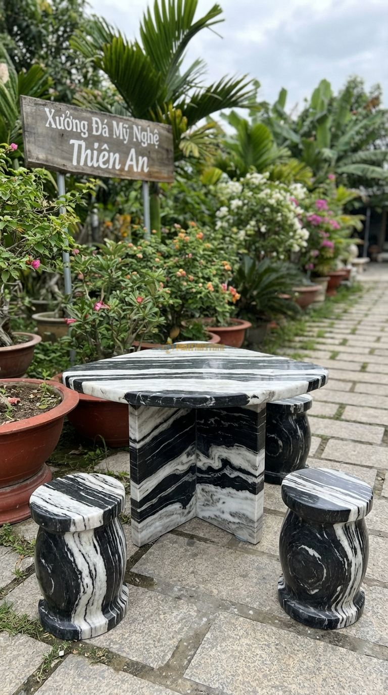 Bộ Bàn Ghế đá Bàn Góc Tam Giác, Chất Liệu đá Tuyết Sơn, Kiểu Dáng mặt Bàn Hình Tam Giác Bo Tròn 3 Góc, Phù Hợp Đặt Góc Tường Ban Công. Bàn: 60 x 60 x 60 Cm (Cạnh) Đôn: Tròn Nhỏ (2 Đôn)