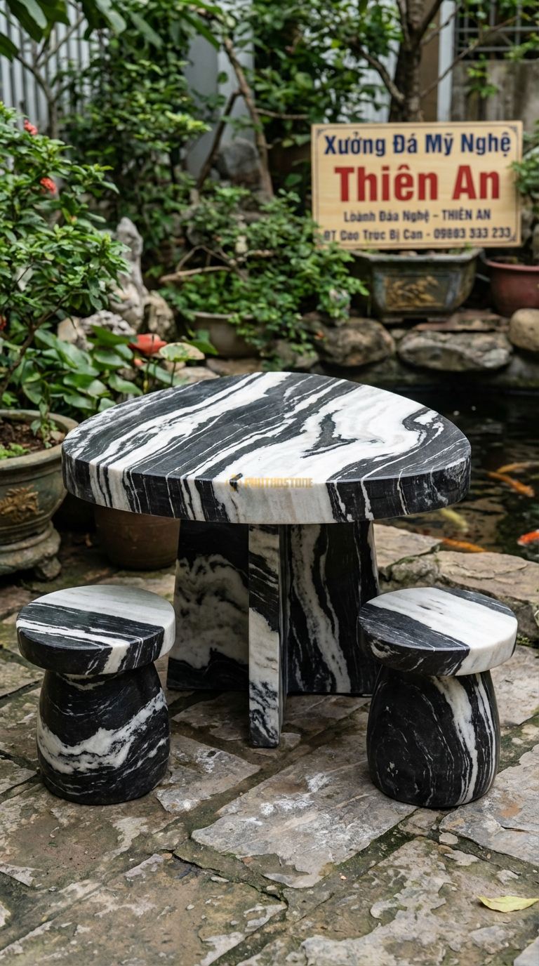 Bộ Bàn Ghế đá Bàn Góc Tam Giác, Chất Liệu đá Tuyết Sơn, Kiểu Dáng mặt Bàn Hình Tam Giác Bo Tròn 3 Góc, Phù Hợp Đặt Góc Tường Ban Công. Bàn: 60 x 60 x 60 Cm (Cạnh) Đôn: Tròn Nhỏ (2 Đôn)