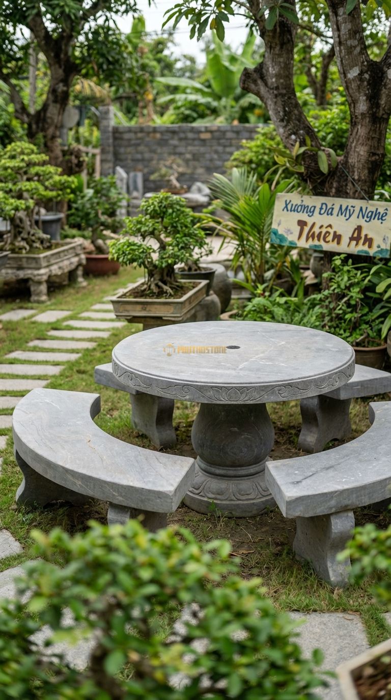 Bộ Bàn Ghế đá Bàn Lỗ Cắm Dù, Chất Liệu đá Cẩm Thạch Xám, Kiểu Dáng tâm Bàn Khoan Lỗ Kỹ Thuật Chuẩn Để Cắm Ô (Dù) Che Nắng, Chân Bàn Có Rãnh Giữ Thân Dù. Bàn: Đk 100 Cm x Cao 72 Cm