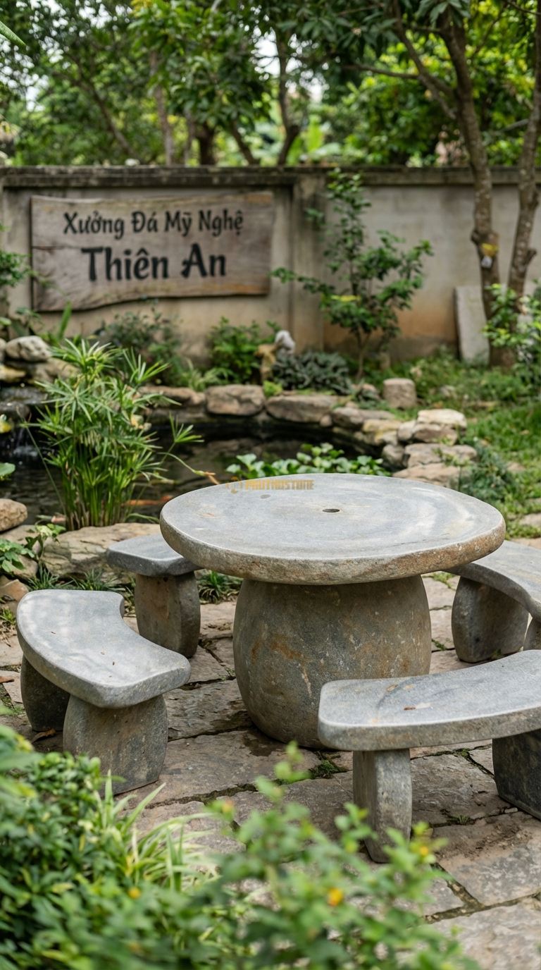 Bộ Bàn Ghế đá Bàn Lỗ Cắm Dù, Chất Liệu đá Cuội, Kiểu Dáng tâm Bàn Khoan Lỗ Kỹ Thuật Chuẩn Để Cắm Ô (Dù) Che Nắng, Chân Bàn Có Rãnh Giữ Thân Dù. Bàn: Đk 100 Cm x Cao 72 Cm