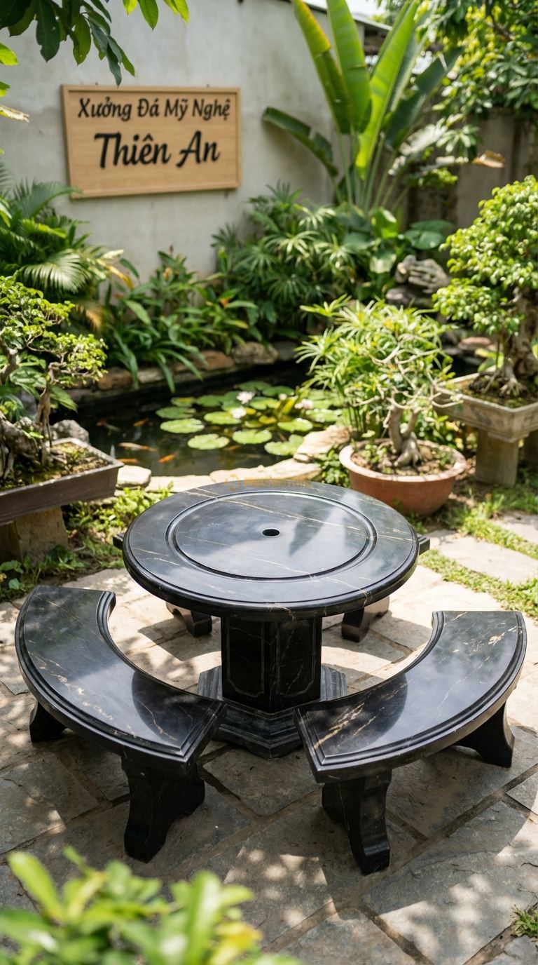 Bộ Bàn Ghế đá Bàn Lỗ Cắm Dù, Chất Liệu đá Đen Chỉ Nâu, Kiểu Dáng tâm Bàn Khoan Lỗ Kỹ Thuật Chuẩn Để Cắm Ô (Dù) Che Nắng, Chân Bàn Có Rãnh Giữ Thân Dù. Bàn: Đk 100 Cm x Cao 72 Cm