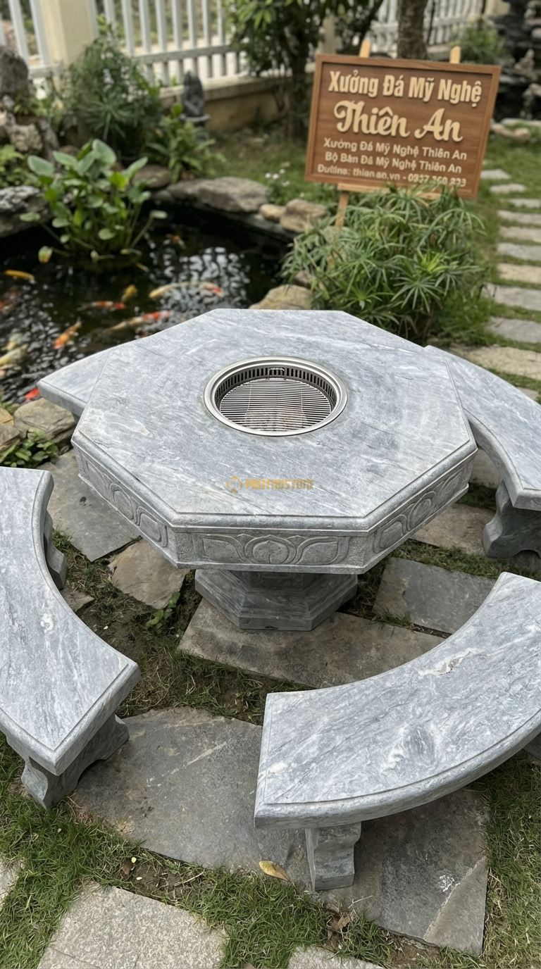 Bộ Bàn Ghế đá Bàn Nướng Bát Giác, Chất Liệu đá Cẩm Thạch Xám, Kiểu Dáng hình Bát Giác, Bếp Lò Tròn Ở Giữa, Viền Bàn Dày Cách Nhiệt Tốt. Bàn: Đk 150 Cm x Cao 75 Cm
