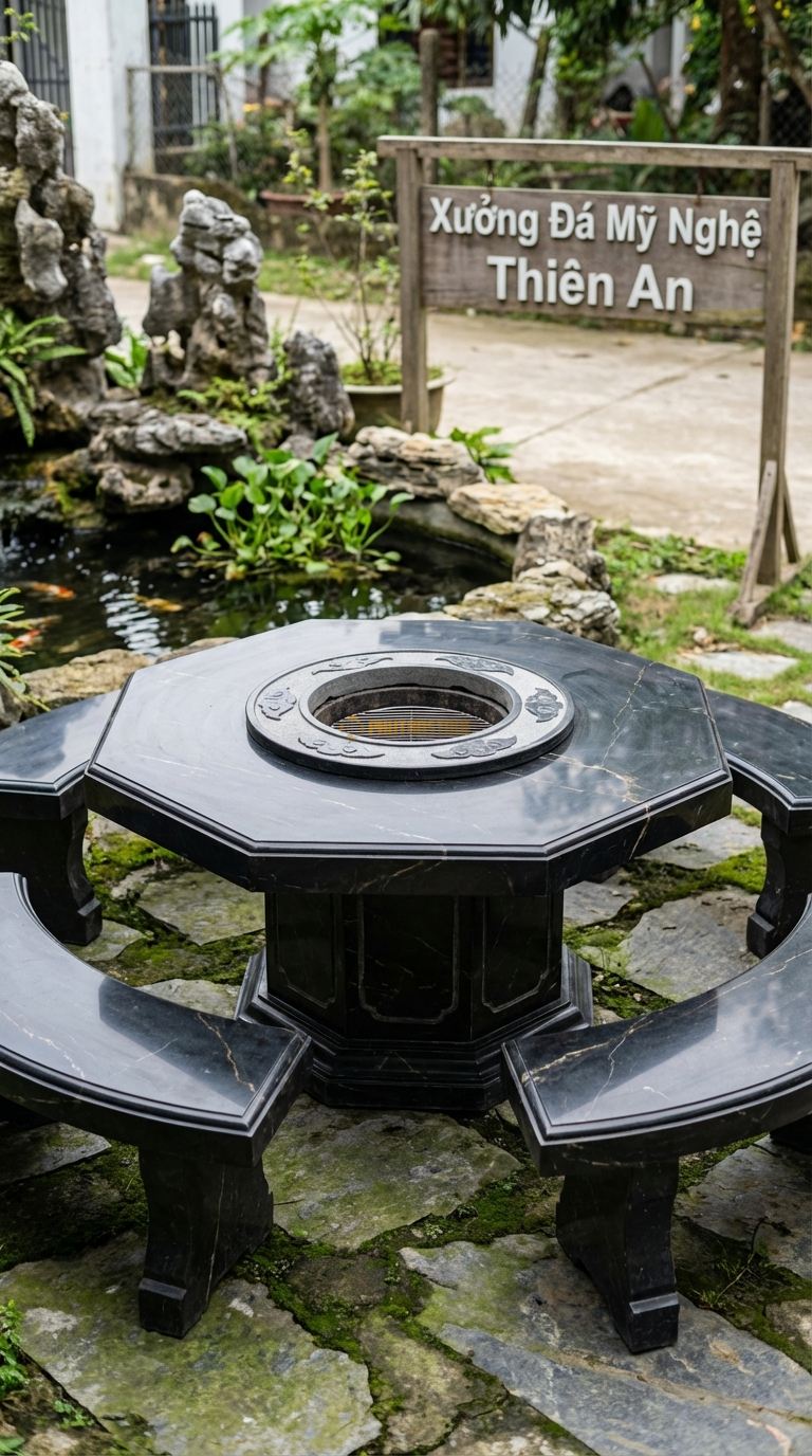 Bộ Bàn Ghế đá Bàn Nướng Bát Giác, Chất Liệu đá Đen Chỉ Nâu, Kiểu Dáng hình Bát Giác, Bếp Lò Tròn Ở Giữa, Viền Bàn Dày Cách Nhiệt Tốt. Bàn: Đk 150 Cm x Cao 75 Cm