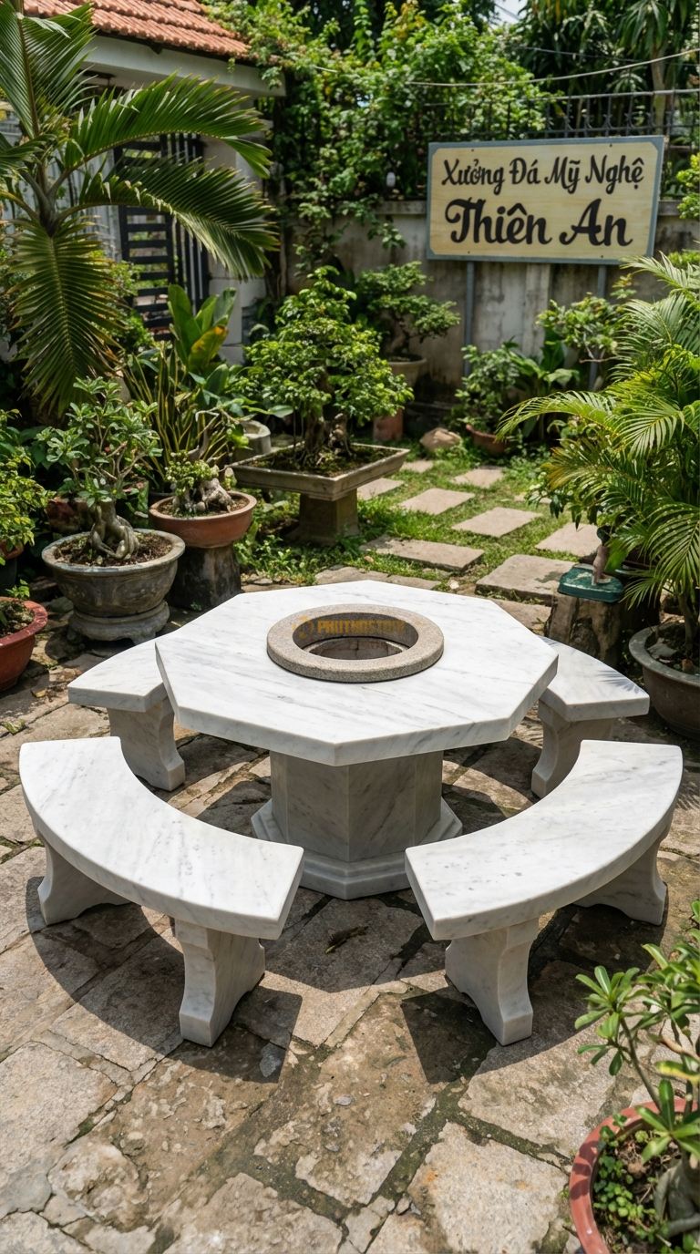 Bộ Bàn Ghế đá Bàn Nướng Bát Giác, Chất Liệu đá Trắng Yên Bái, Kiểu Dáng hình Bát Giác, Bếp Lò Tròn Ở Giữa, Viền Bàn Dày Cách Nhiệt Tốt. Bàn: Đk 150 Cm x Cao 75 Cm