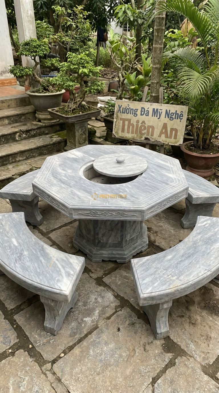 Bộ Bàn Ghế đá Bàn Nướng Bát Giác, Chất Liệu đá Xám Vân Mây, Kiểu Dáng hình Bát Giác, Bếp Lò Tròn Ở Giữa, Viền Bàn Dày Cách Nhiệt Tốt. Bàn: Đk 150 Cm x Cao 75 Cm