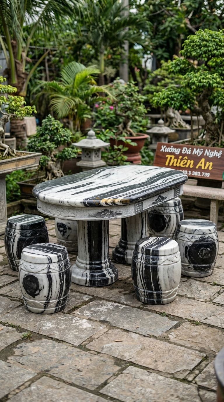 Bộ Bàn Ghế đá Bàn Oval (Bầu Dục), Chất Liệu đá Tuyết Sơn, Kiểu Dáng mặt Bàn Hình Bầu Dục, Chân Bàn Dạng Trụ Đôi Vững Chãi, Mép Bàn Bo Tròn Mềm. Bàn: 140 x 80 x 70 Cm Đôn: Đk 30 x 40 Cm (6 Đôn)