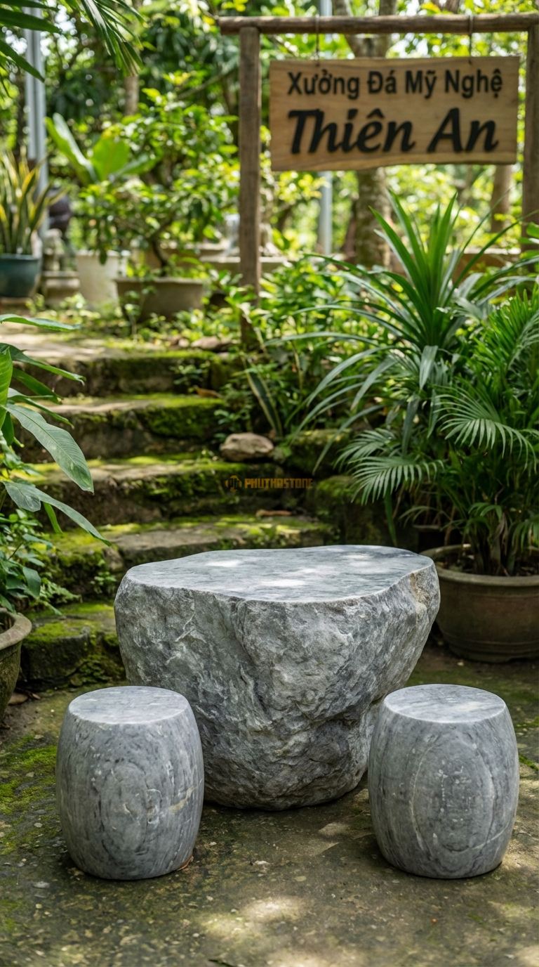 Bộ Bàn Ghế đá Bàn Trà Mini Nguyên Tấm, Chất Liệu đá Cẩm Thạch Xám, Kiểu Dáng dáng đá Tự Do (Freeform), Mặt Phẳng Nhỏ Gọn, Phù Hợp Ban Công/Tiểu Cảnh. Bàn: 80 x 60 x 50 Cm Đôn: Đk 25 x 30 Cm (2 Đôn)