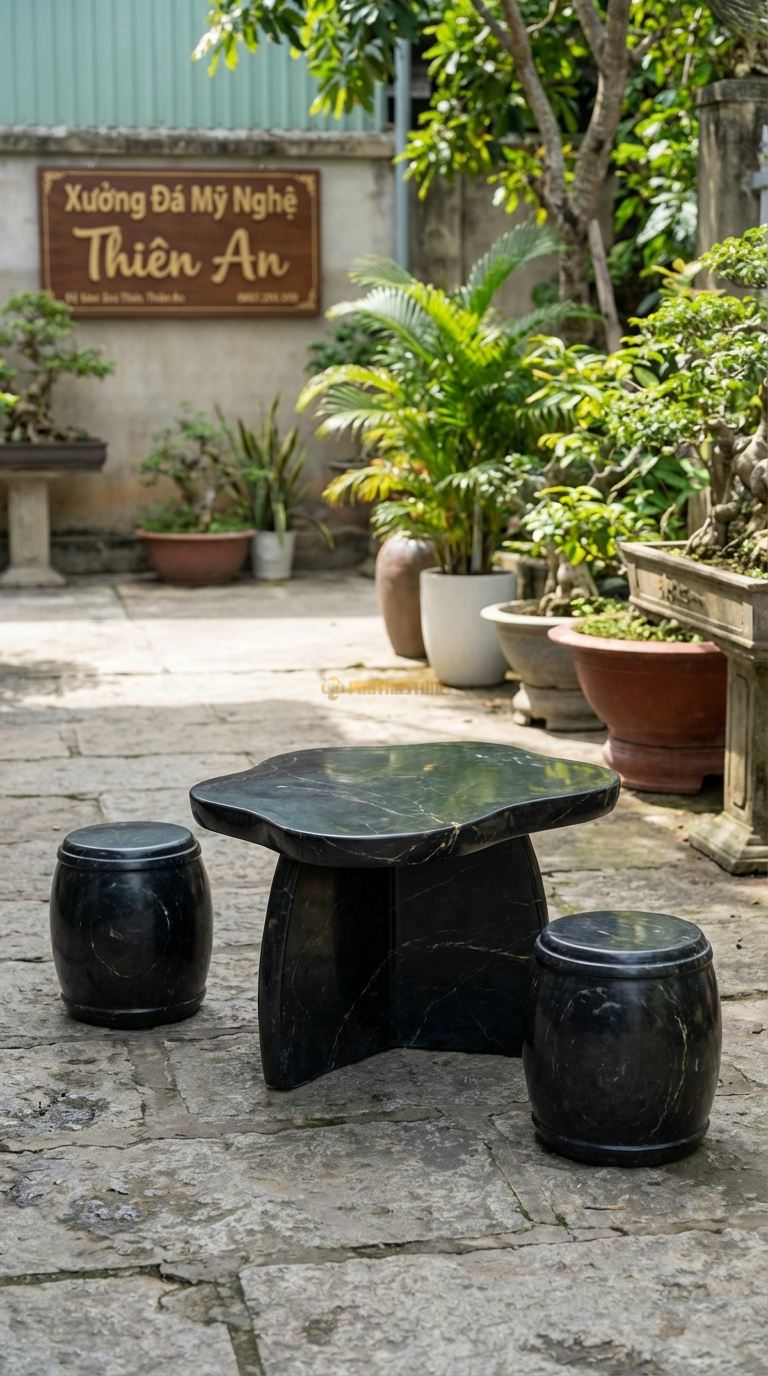 Bộ Bàn Ghế đá Bàn Trà Mini Nguyên Tấm, Chất Liệu đá Đen Chỉ Nâu, Kiểu Dáng dáng đá Tự Do (Freeform), Mặt Phẳng Nhỏ Gọn, Phù Hợp Ban Công/Tiểu Cảnh. Bàn: 80 x 60 x 50 Cm Đôn: Đk 25 x 30 Cm (2 Đôn)