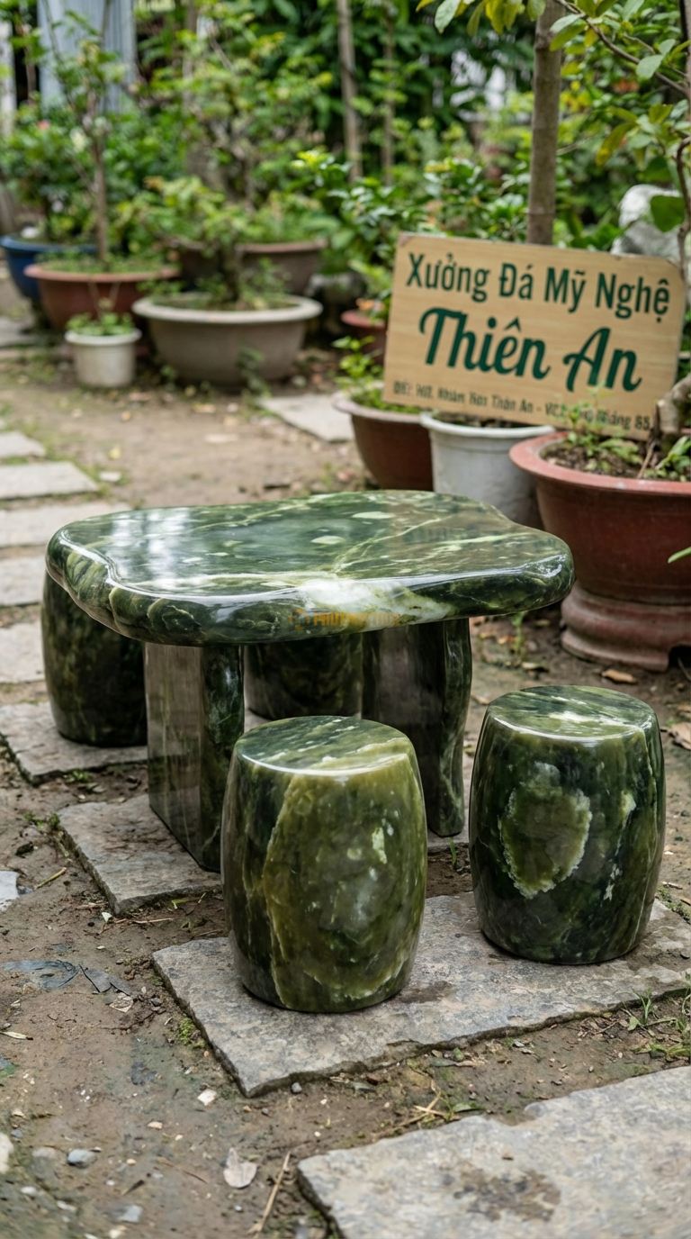Bộ Bàn Ghế đá Bàn Trà Mini Nguyên Tấm, Chất Liệu đá Serpentine, Kiểu Dáng dáng đá Tự Do (Freeform), Mặt Phẳng Nhỏ Gọn, Phù Hợp Ban Công/Tiểu Cảnh. Bàn: 80 x 60 x 50 Cm Đôn: Đk 25 x 30 Cm (2 Đôn)