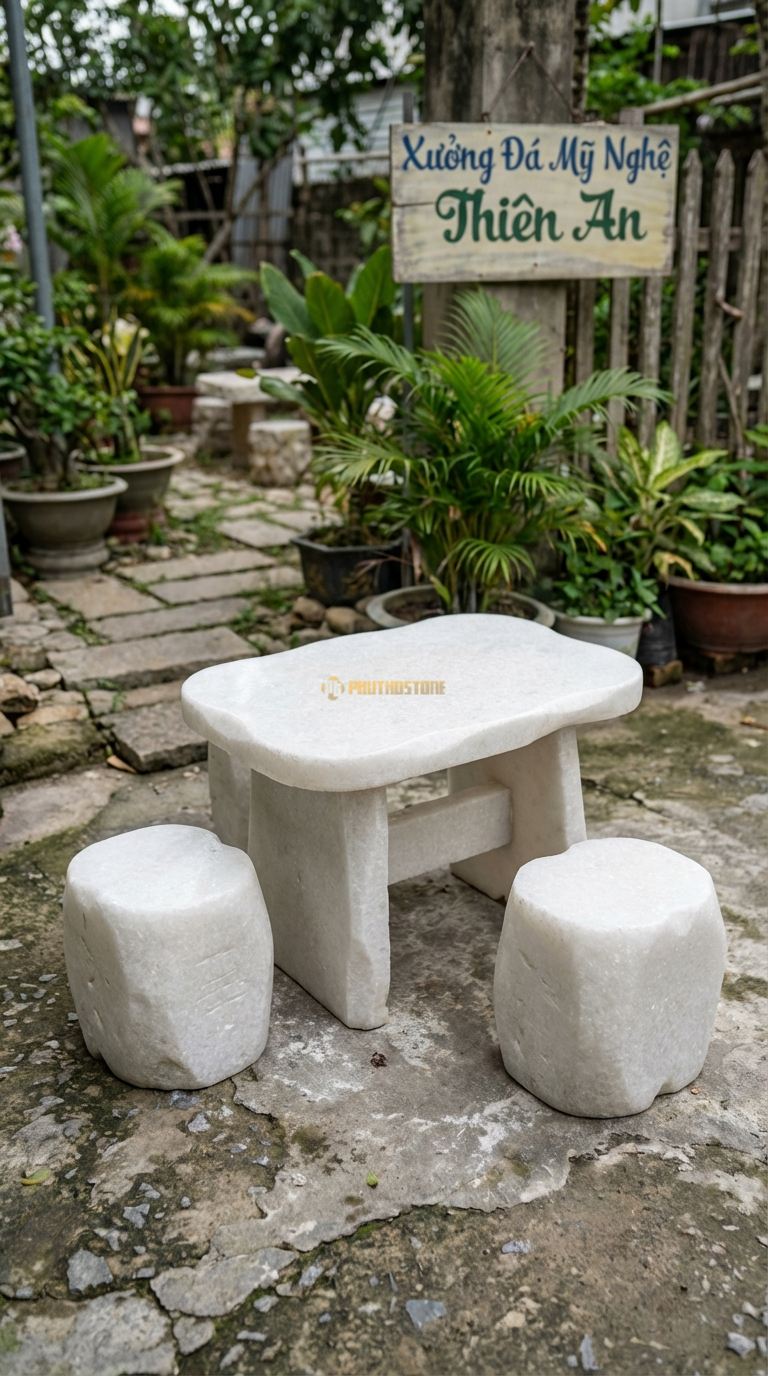 Bộ Bàn Ghế đá Bàn Trà Mini Nguyên Tấm, Chất Liệu đá Trắng Muối, Kiểu Dáng dáng đá Tự Do (Freeform), Mặt Phẳng Nhỏ Gọn, Phù Hợp Ban Công/Tiểu Cảnh. Bàn: 80 x 60 x 50 Cm Đôn: Đk 25 x 30 Cm (2 Đôn)