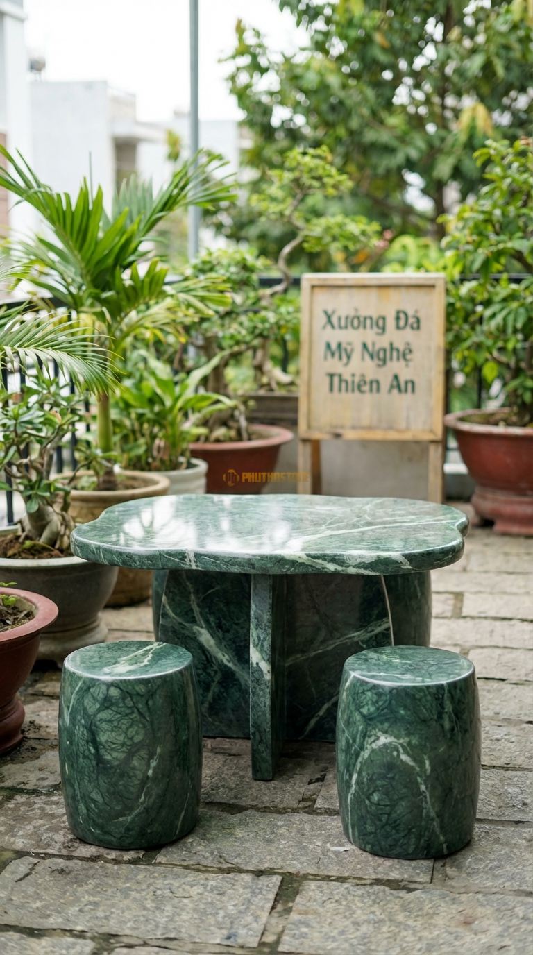Bộ Bàn Ghế đá Bàn Trà Mini Nguyên Tấm, Chất Liệu đá Xanh Ấn, Kiểu Dáng dáng đá Tự Do (Freeform), Mặt Phẳng Nhỏ Gọn, Phù Hợp Ban Công/Tiểu Cảnh. Bàn: 80 x 60 x 50 Cm Đôn: Đk 25 x 30 Cm (2 Đôn)