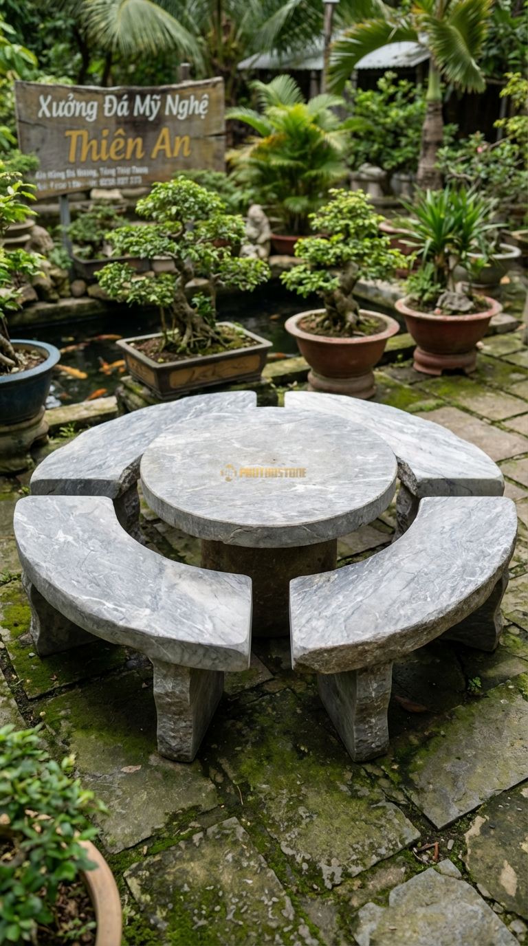 Bộ Bàn Ghế đá Bàn Tròn 4 Ghế Tựa Cong, Chất Liệu đá Cẩm Thạch Xám, Kiểu Dáng 4 Ghế Có Tựa Cong Xếp Lại Vừa Khít Thành Một Vòng Tròn Bao Quanh Bàn (Khi Không Ngồi). Bàn: Đk 100 Cm