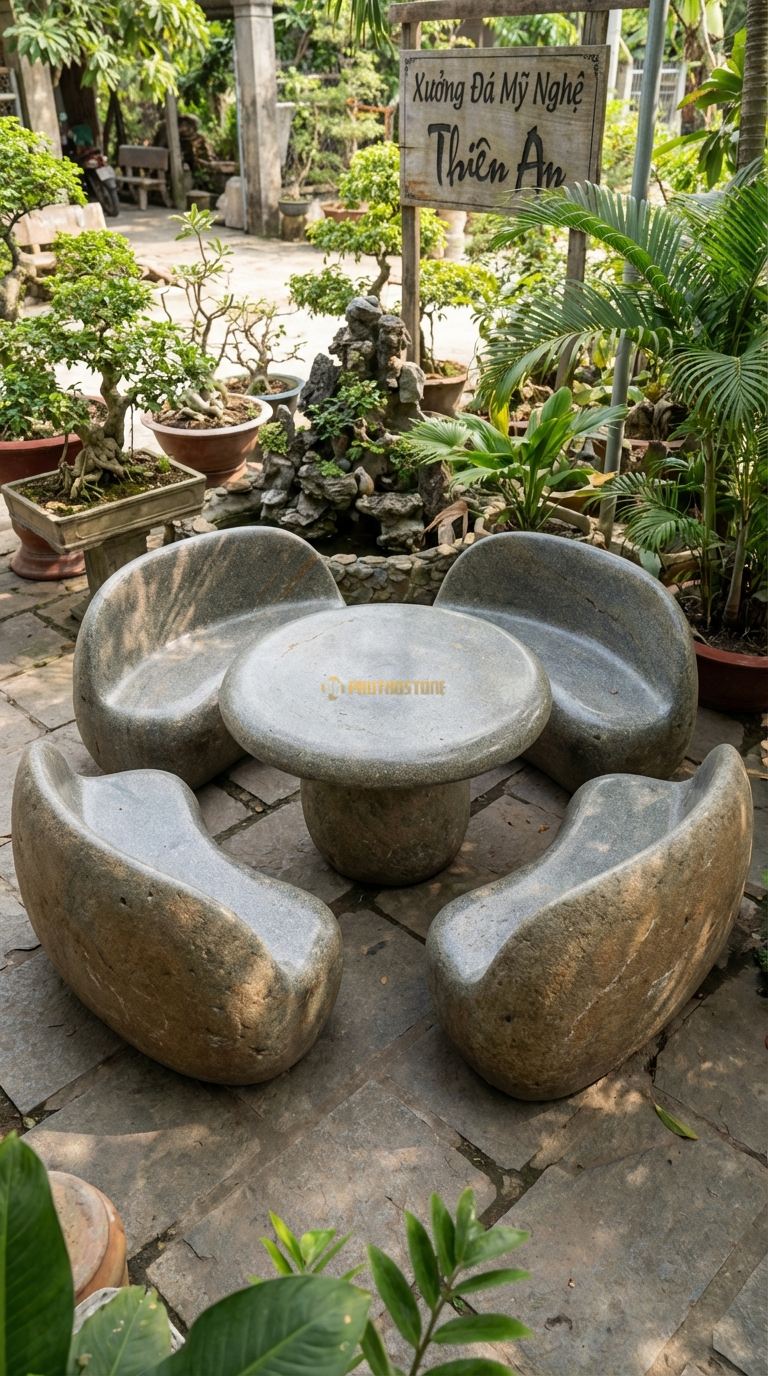Bộ Bàn Ghế đá Bàn Tròn 4 Ghế Tựa Cong, Chất Liệu đá Cuội, Kiểu Dáng 4 Ghế Có Tựa Cong Xếp Lại Vừa Khít Thành Một Vòng Tròn Bao Quanh Bàn (Khi Không Ngồi). Bàn: Đk 100 Cm