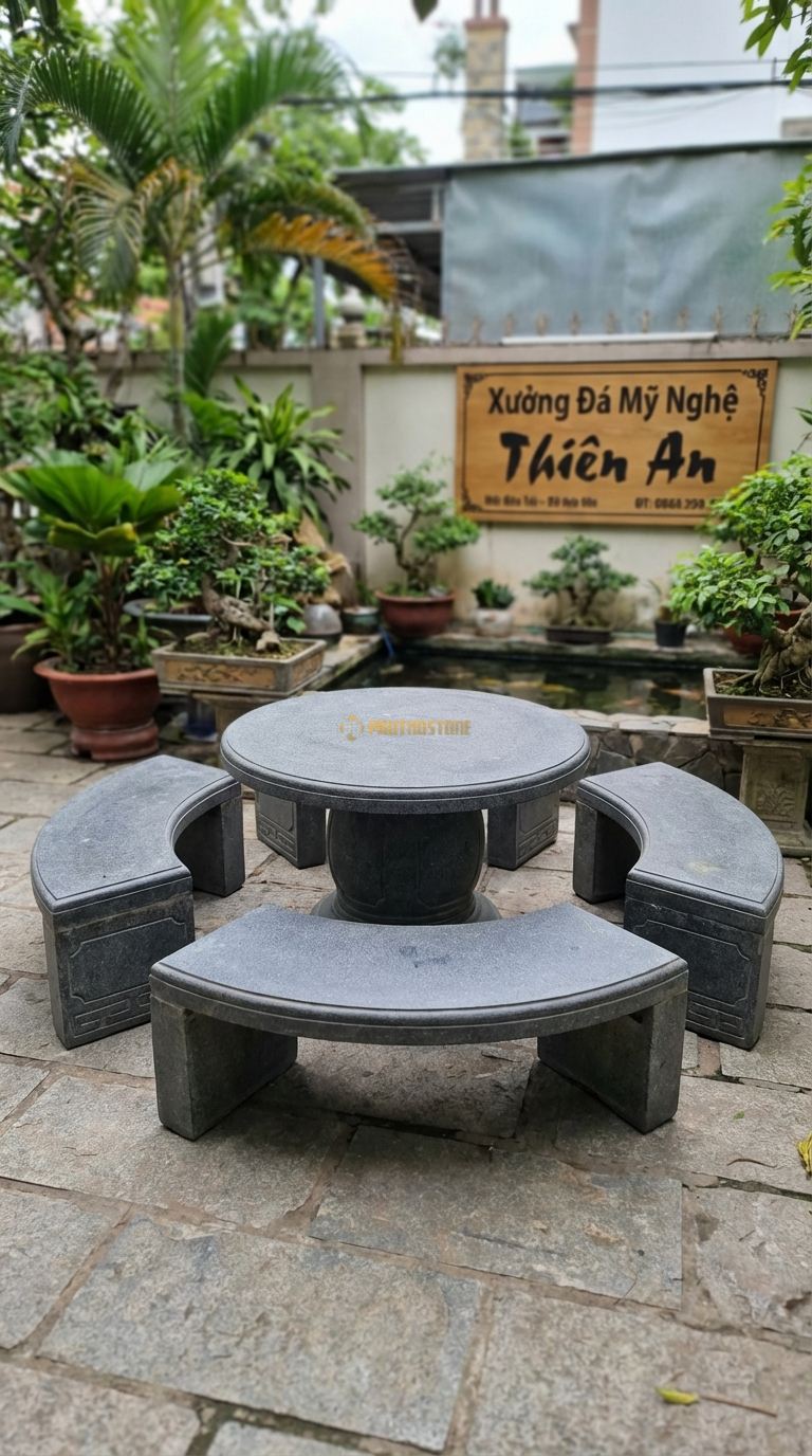 Bộ Bàn Ghế đá Bàn Tròn 4 Ghế Tựa Cong, Chất Liệu đá Granite, Kiểu Dáng 4 Ghế Có Tựa Cong Xếp Lại Vừa Khít Thành Một Vòng Tròn Bao Quanh Bàn (Khi Không Ngồi). Bàn: Đk 100 Cm