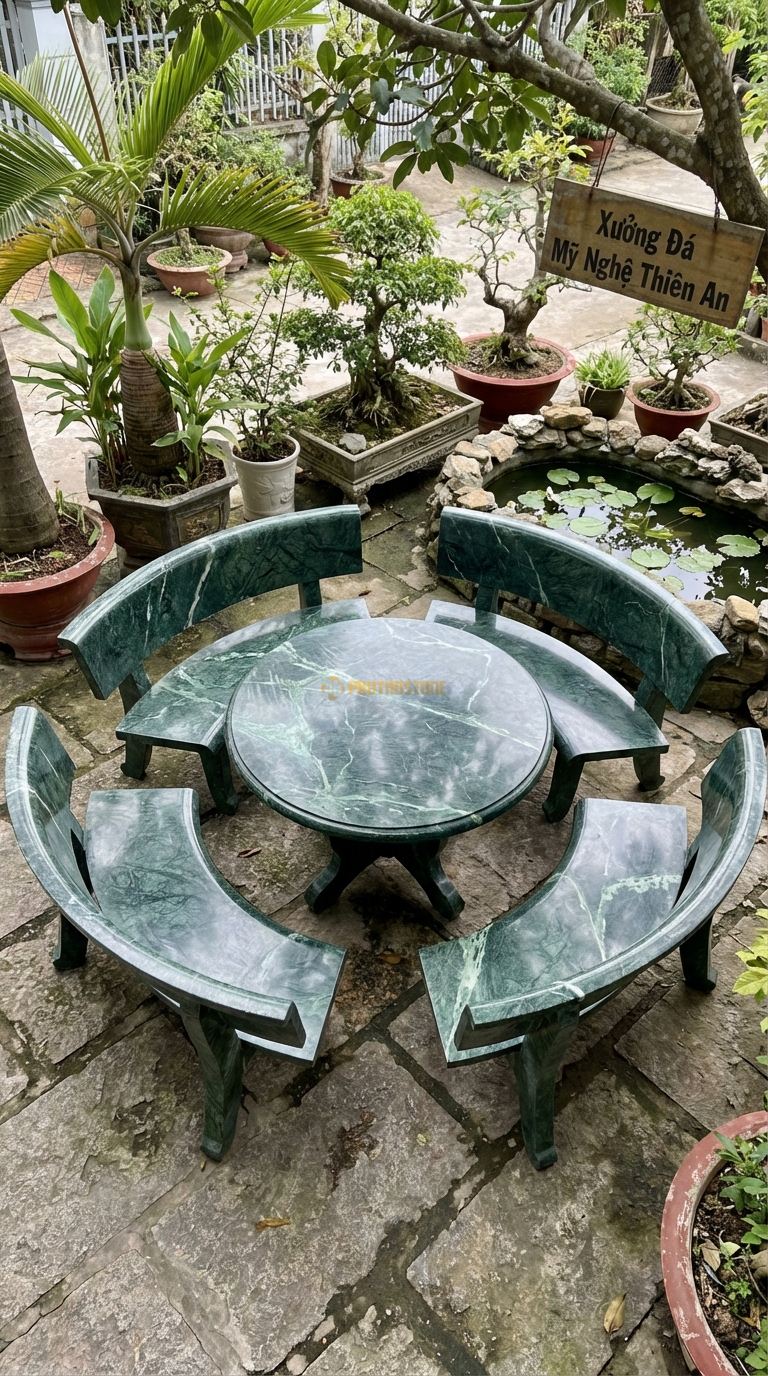 Bộ Bàn Ghế đá Bàn Tròn 4 Ghế Tựa Cong, Chất Liệu đá Xanh Ấn, Kiểu Dáng 4 Ghế Có Tựa Cong Xếp Lại Vừa Khít Thành Một Vòng Tròn Bao Quanh Bàn (Khi Không Ngồi). Bàn: Đk 100 Cm