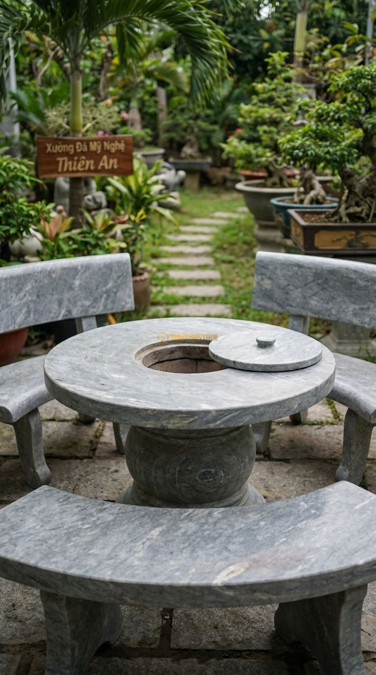 Bộ Bàn Ghế đá Bàn Tròn Bếp Than, Chất Liệu đá Cẩm Thạch Xám, Kiểu Dáng tâm Bàn Khoét Lỗ Tròn Hạ Cấp Để Đặt Lò Than Nướng Bbq, Có Nắp đá Đậy Phẳng Khi Không Dùng. Bàn: Đk 130 Cm x Cao 75 Cm
