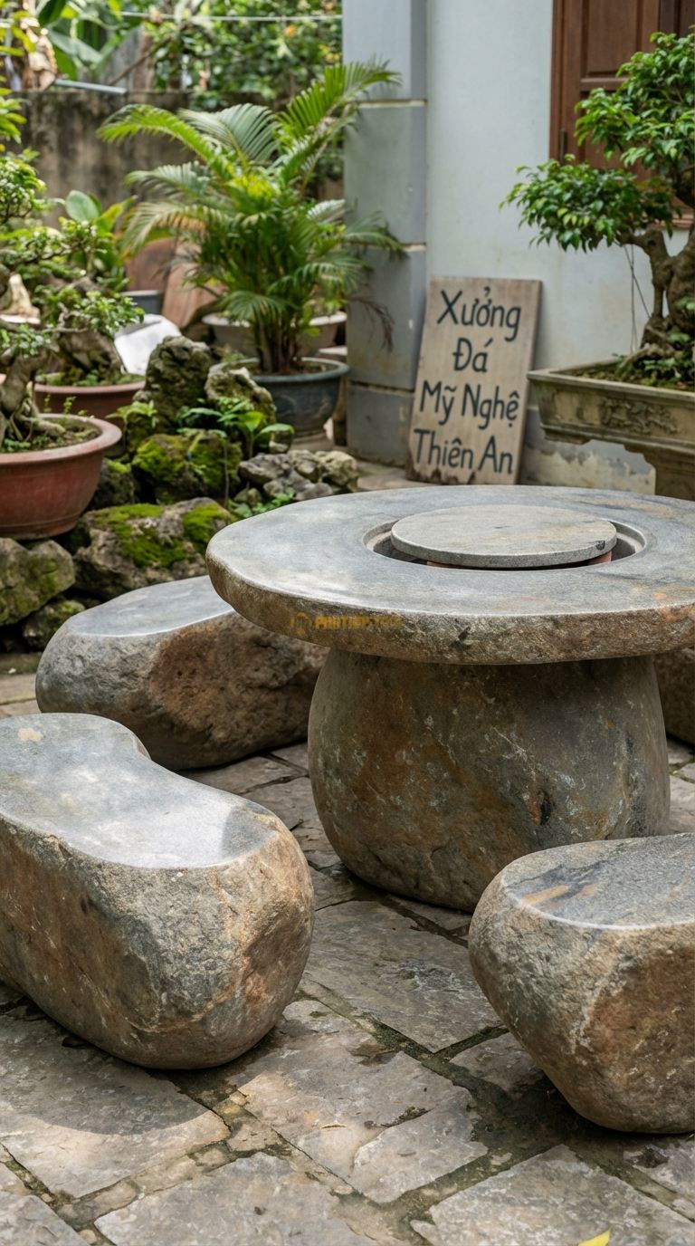 Bộ Bàn Ghế đá Bàn Tròn Bếp Than, Chất Liệu đá Cuội, Kiểu Dáng tâm Bàn Khoét Lỗ Tròn Hạ Cấp Để Đặt Lò Than Nướng Bbq, Có Nắp đá Đậy Phẳng Khi Không Dùng. Bàn: Đk 130 Cm x Cao 75 Cm
