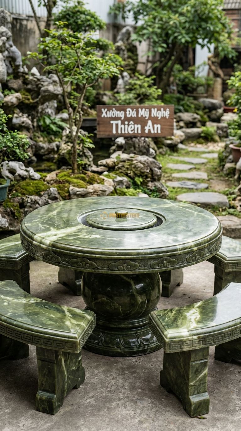 Bộ Bàn Ghế đá Bàn Tròn Bếp Than, Chất Liệu đá Serpentine, Kiểu Dáng tâm Bàn Khoét Lỗ Tròn Hạ Cấp Để Đặt Lò Than Nướng Bbq, Có Nắp đá Đậy Phẳng Khi Không Dùng. Bàn: Đk 130 Cm x Cao 75 Cm