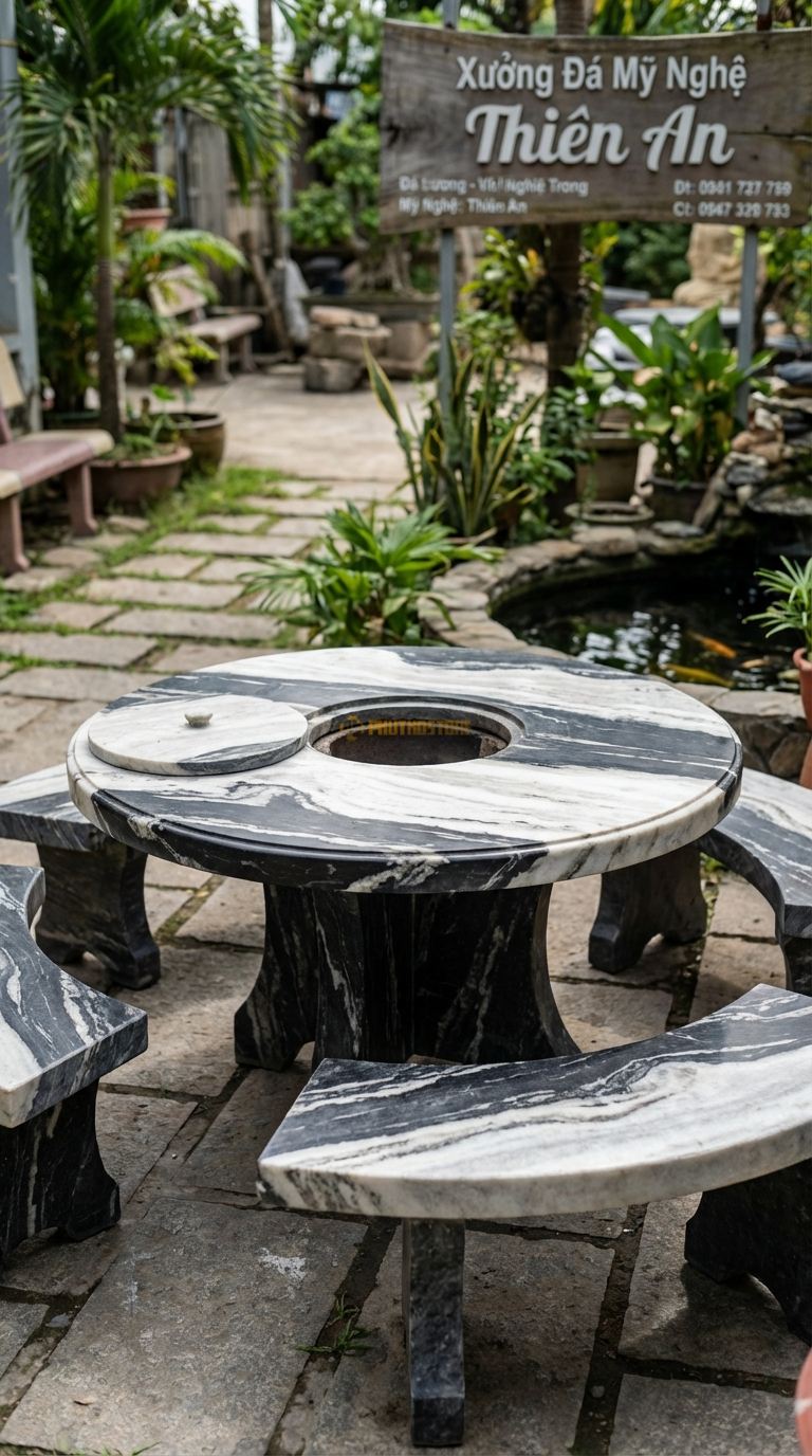 Bộ Bàn Ghế đá Bàn Tròn Bếp Than, Chất Liệu đá Tuyết Sơn, Kiểu Dáng tâm Bàn Khoét Lỗ Tròn Hạ Cấp Để Đặt Lò Than Nướng Bbq, Có Nắp đá Đậy Phẳng Khi Không Dùng. Bàn: Đk 130 Cm x Cao 75 Cm