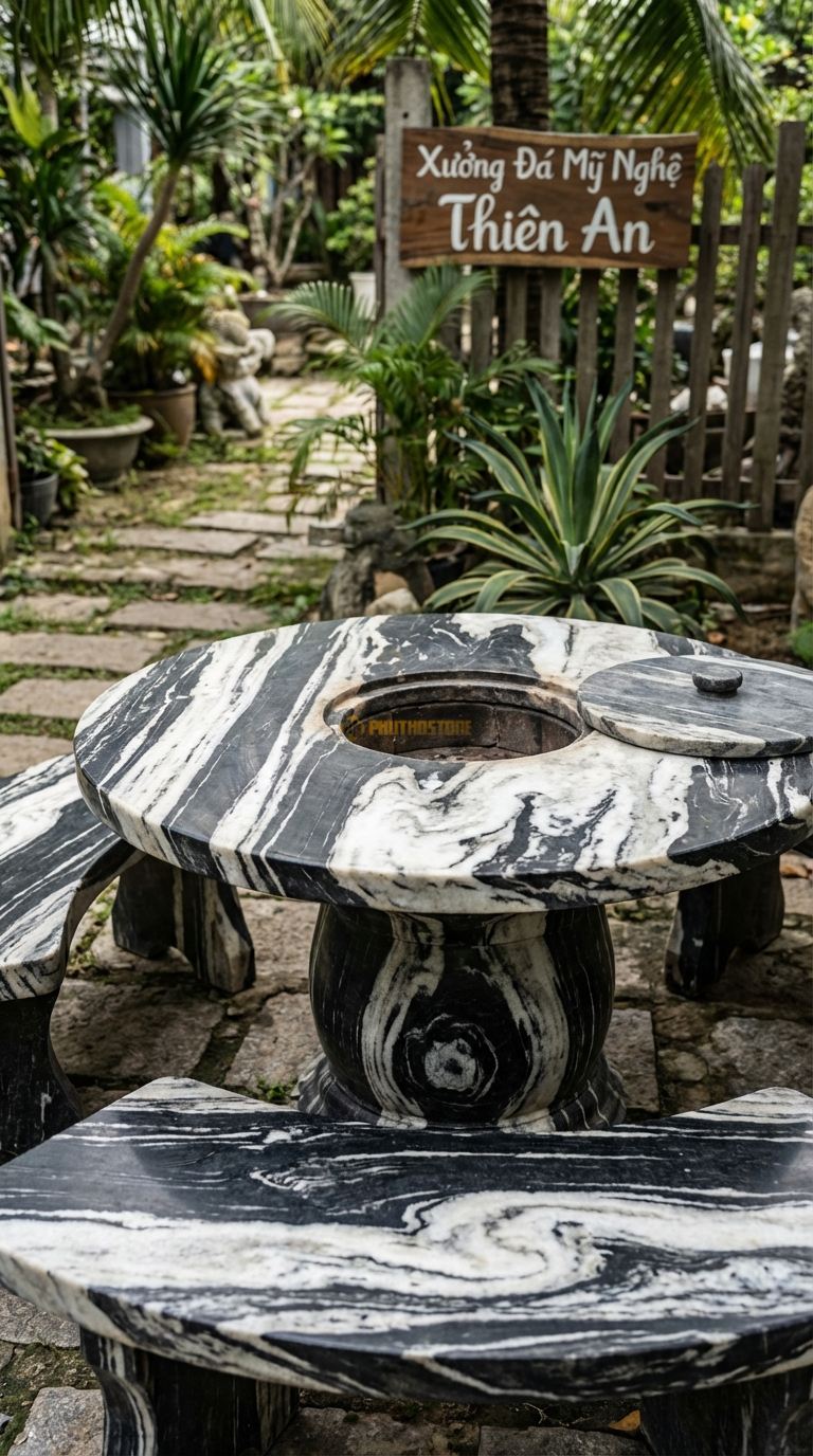 Bộ Bàn Ghế đá Bàn Tròn Bếp Than, Chất Liệu đá Tuyết Sơn, Kiểu Dáng tâm Bàn Khoét Lỗ Tròn Hạ Cấp Để Đặt Lò Than Nướng Bbq, Có Nắp đá Đậy Phẳng Khi Không Dùng. Bàn: Đk 130 Cm x Cao 75 Cm