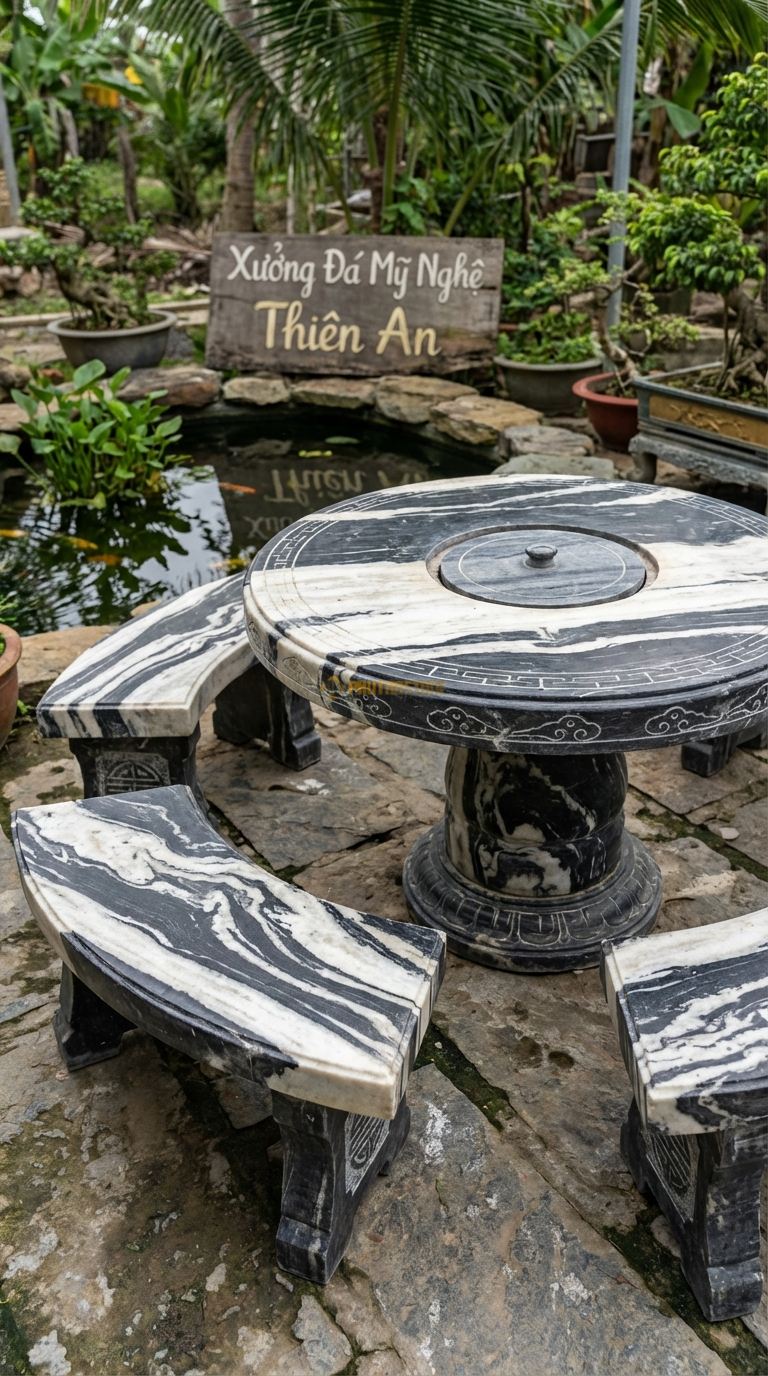 Bộ Bàn Ghế đá Bàn Tròn Bếp Than, Chất Liệu đá Tuyết Sơn, Kiểu Dáng tâm Bàn Khoét Lỗ Tròn Hạ Cấp Để Đặt Lò Than Nướng Bbq, Có Nắp đá Đậy Phẳng Khi Không Dùng. Bàn: Đk 130 Cm x Cao 75 Cm