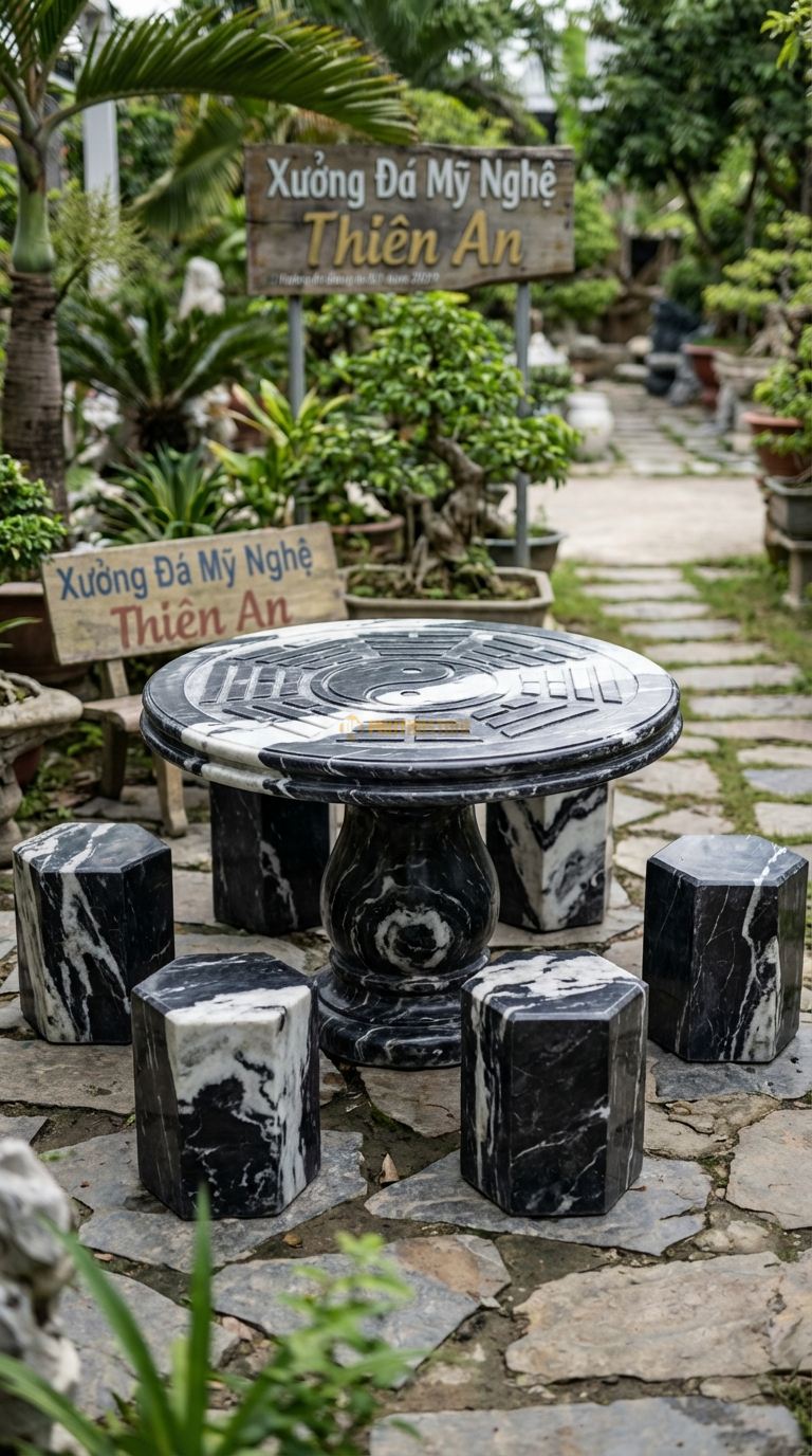 Bộ Bàn Ghế đá Bát Quái Đồ, Chất Liệu đá Tuyết Sơn, Kiểu Dáng mặt Bàn Khắc Chìm Hình Bát Quái Hoặc Âm Dương Ngũ Hành Để Trấn Trạch Sân Vườn. Bàn: Đk 110 Cm x Cao 68 Cm Đôn: Lục Giác 30X35 Cm (6 Đôn)